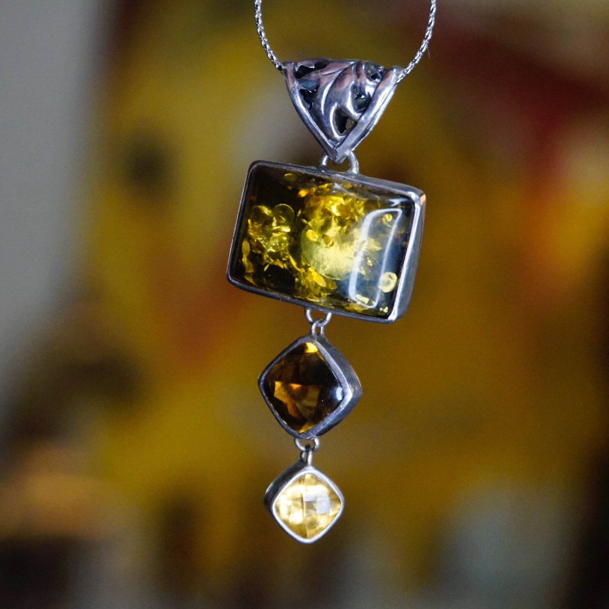 Vintage Lori Bonn Sterling Silver Amber & Citrine Pendant, 3-Tier Amber Pendant, Natural Amber With Beautiful Inclusions, 925 Jewelry