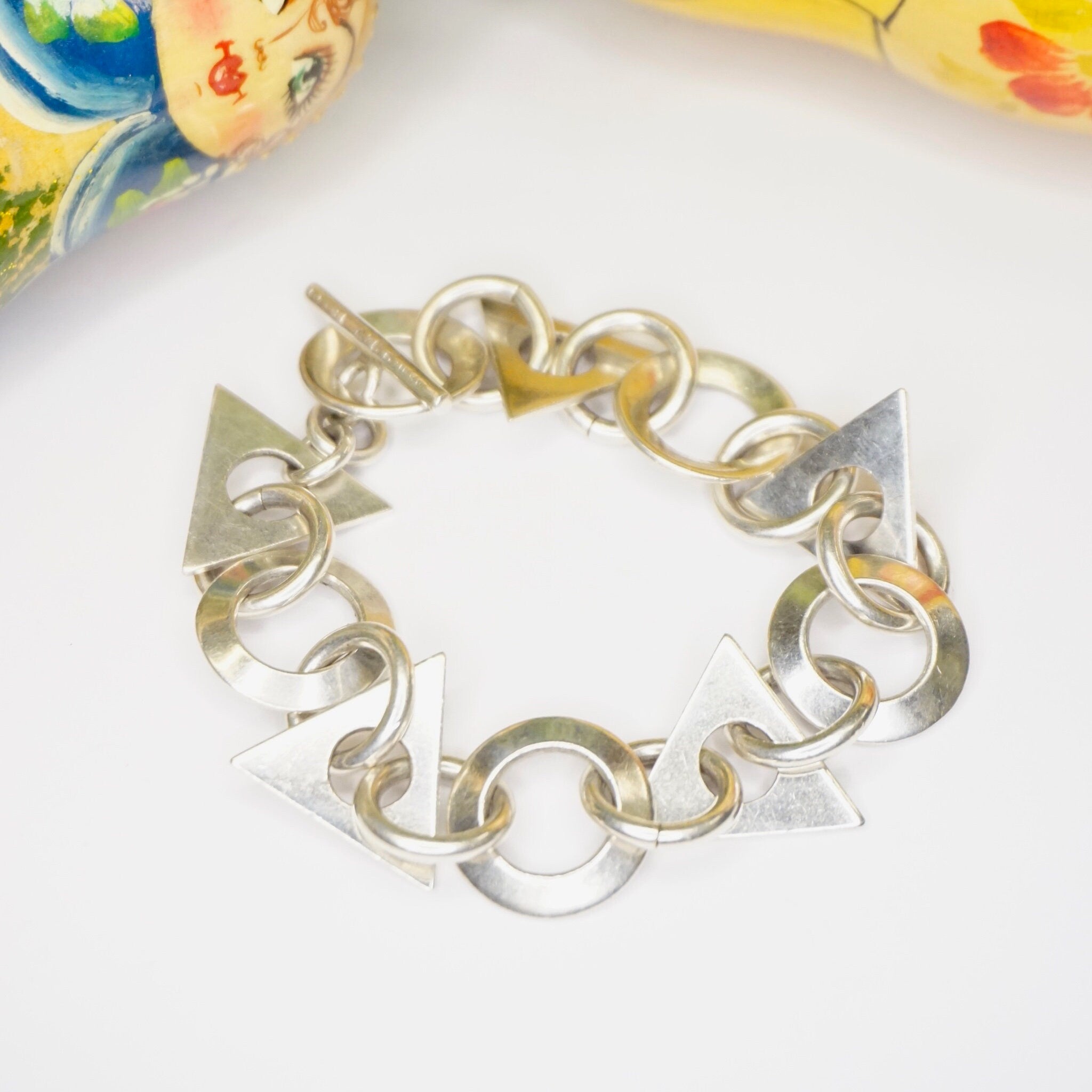 Vintage Sterling Silver Link Bracelet with geometric shapes, Taxco 925 silver jewelry from Mexico