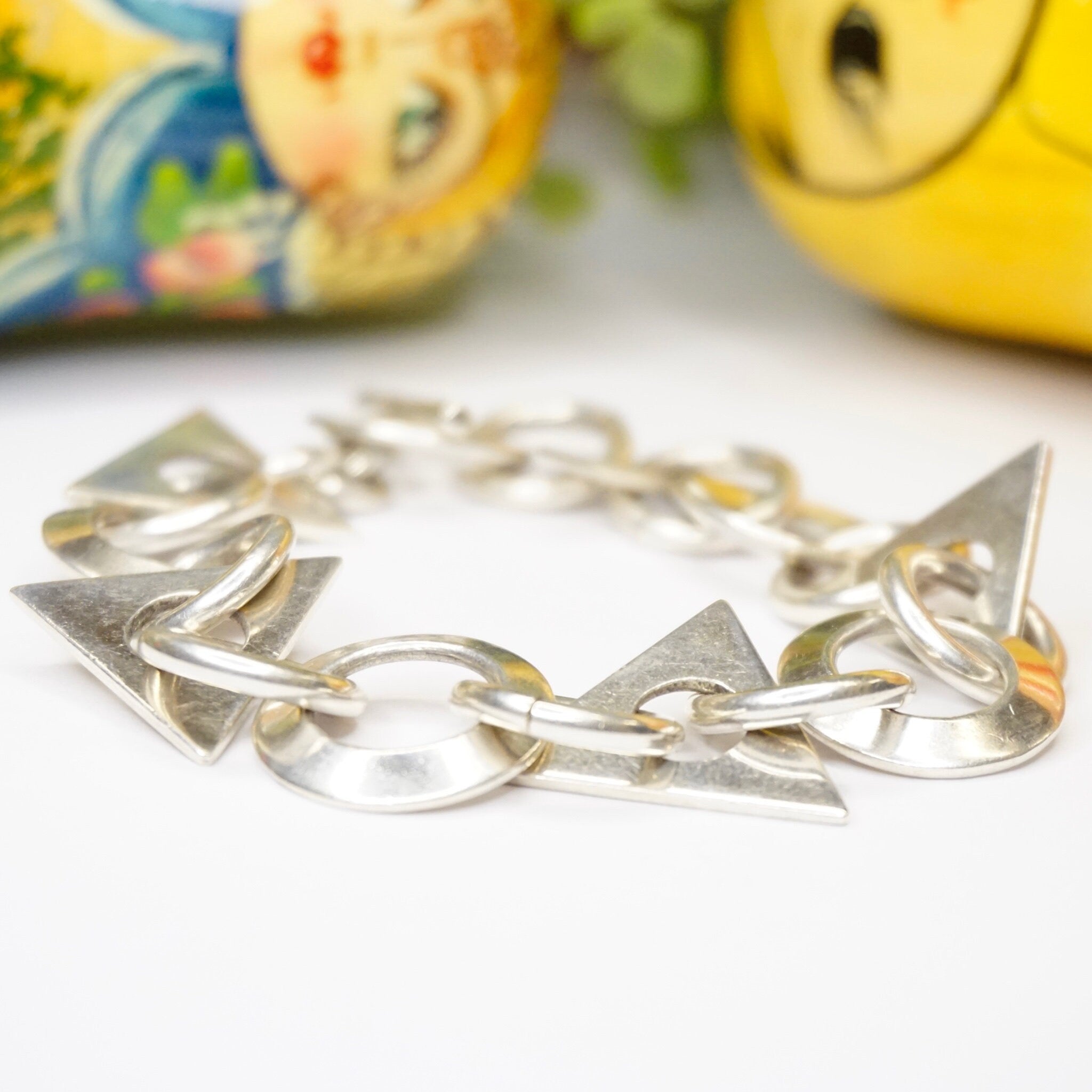 Vintage sterling silver link bracelet with geometric shapes from Taxco, Mexico. 925 silver modern bracelet design.