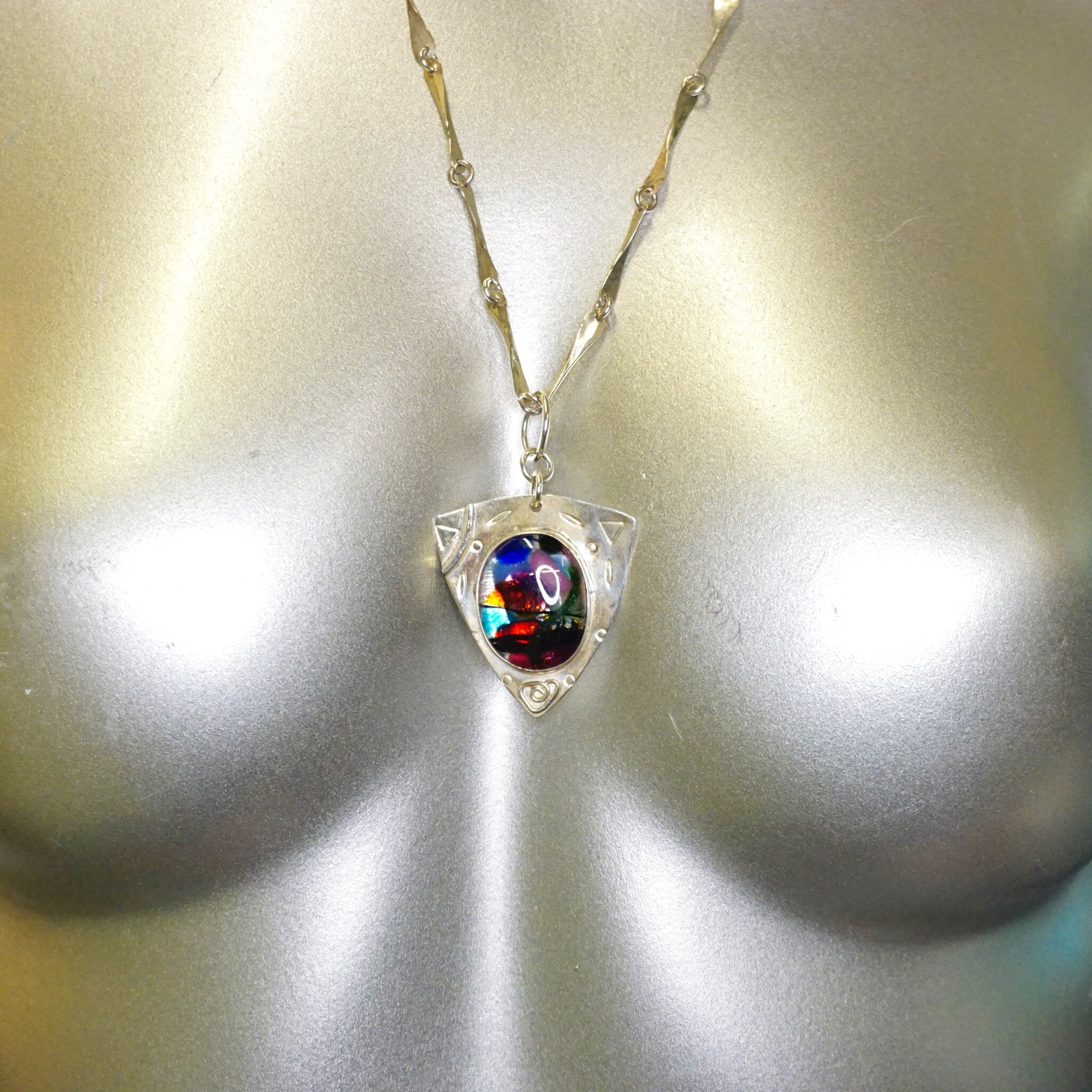 Vintage Sucherman Sterling Silver Art Glass Pendant Necklace, Modernist Silver Necklace With Colorful Glass Pendant, Barbara Sucherman 925