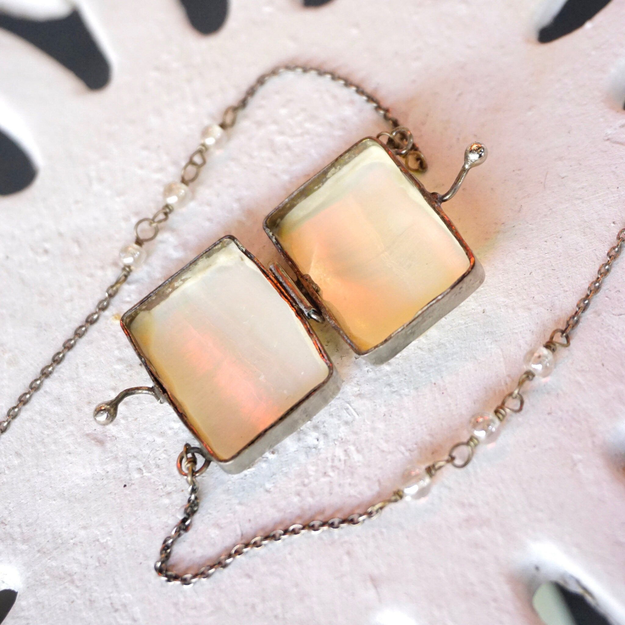 Vintage Mother Of Pearl Pill Box Chain Necklace, Small Silver & Shell Box Pendant With Beaded Cable Chain, Rectangular Pill Box Caddy
