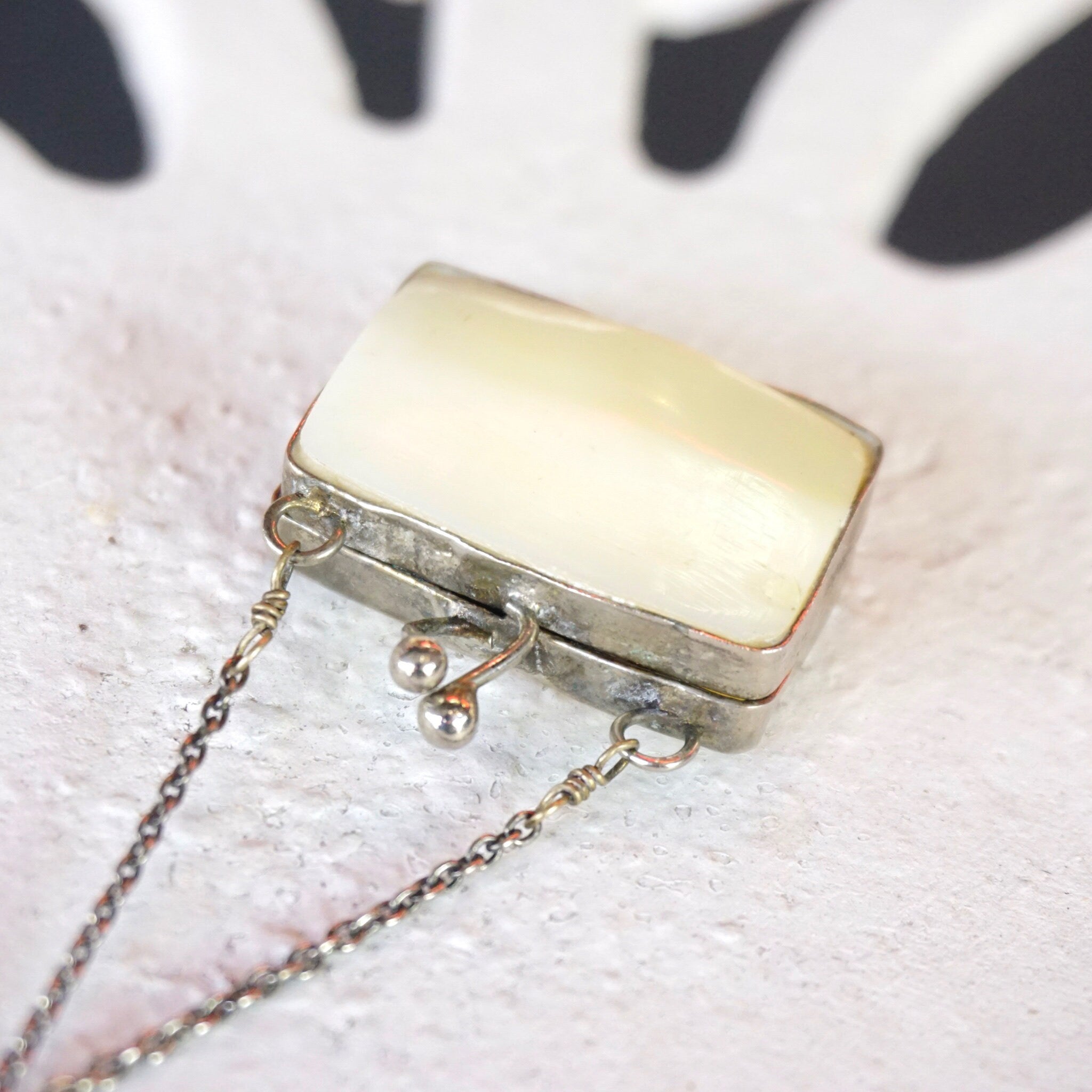 Vintage Mother Of Pearl Pill Box Chain Necklace, Small Silver & Shell Box Pendant With Beaded Cable Chain, Rectangular Pill Box Caddy