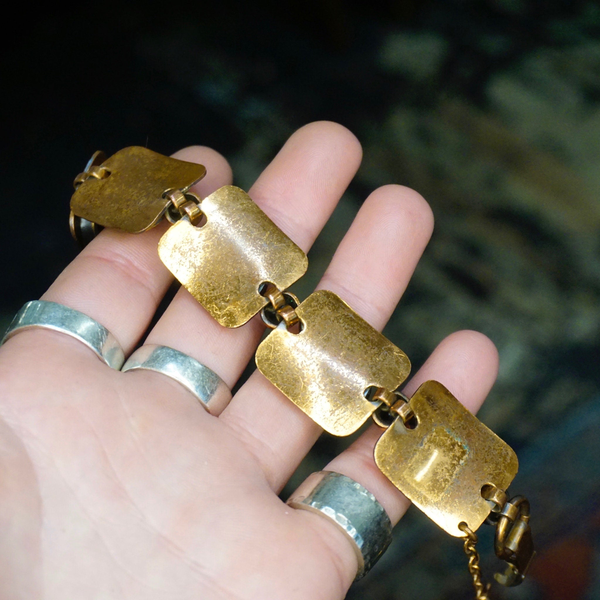 Vintage Artisan Copper Panel Link Bracelet, Oxidized Copper Link Bracelet With Abstract Brass Designs, Unique Copper Panel Bracelet, 7" Long