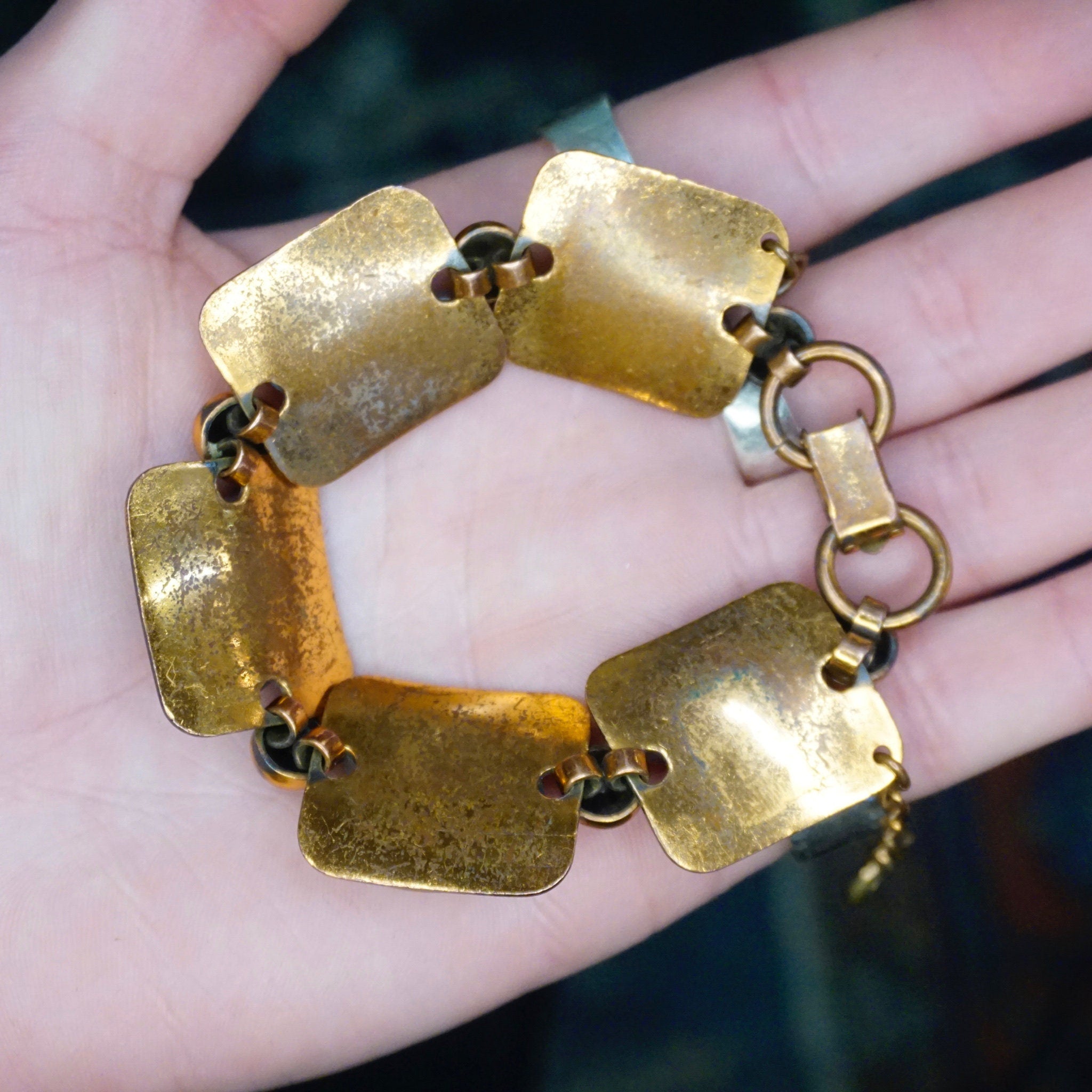 Vintage Artisan Copper Panel Link Bracelet, Oxidized Copper Link Bracelet With Abstract Brass Designs, Unique Copper Panel Bracelet, 7" Long