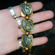 Vintage Artisan Copper Panel Link Bracelet, Oxidized Copper Link Bracelet With Abstract Brass Designs, Unique Copper Panel Bracelet, 7" Long