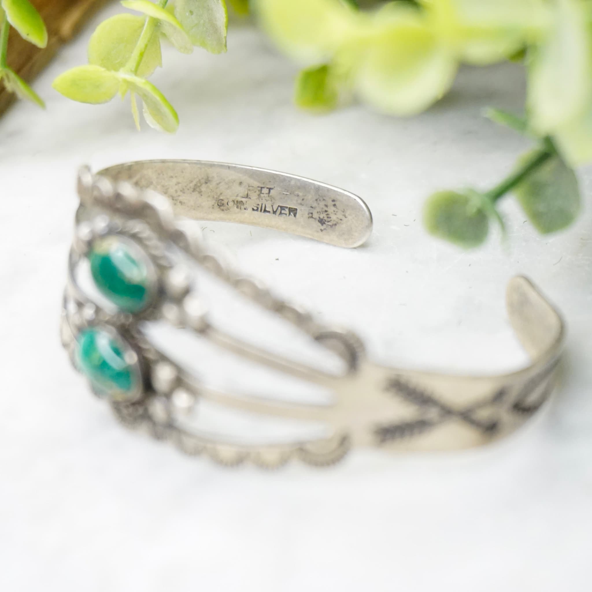 Vintage Native American Coin Silver Turquoise Cuff, Handmade Bracelet With Natural Turquoise Stones, Hammered Silver Cuff, Old Pawn Jewelry