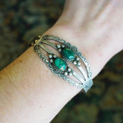 Vintage Native American Coin Silver Turquoise Cuff, Handmade Bracelet With Natural Turquoise Stones, Hammered Silver Cuff, Old Pawn Jewelry