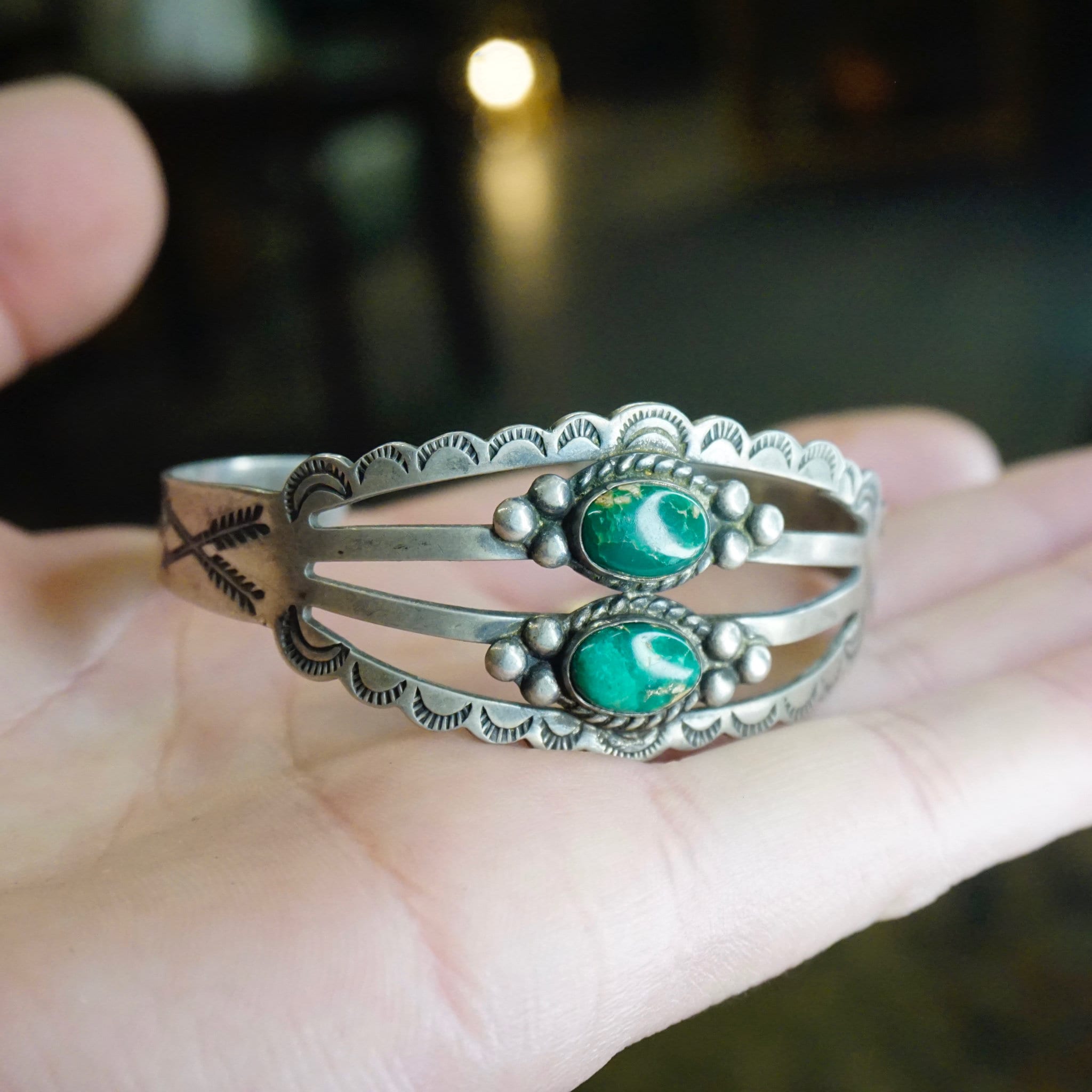 Vintage Native American Coin Silver Turquoise Cuff, Handmade Bracelet With Natural Turquoise Stones, Hammered Silver Cuff, Old Pawn Jewelry