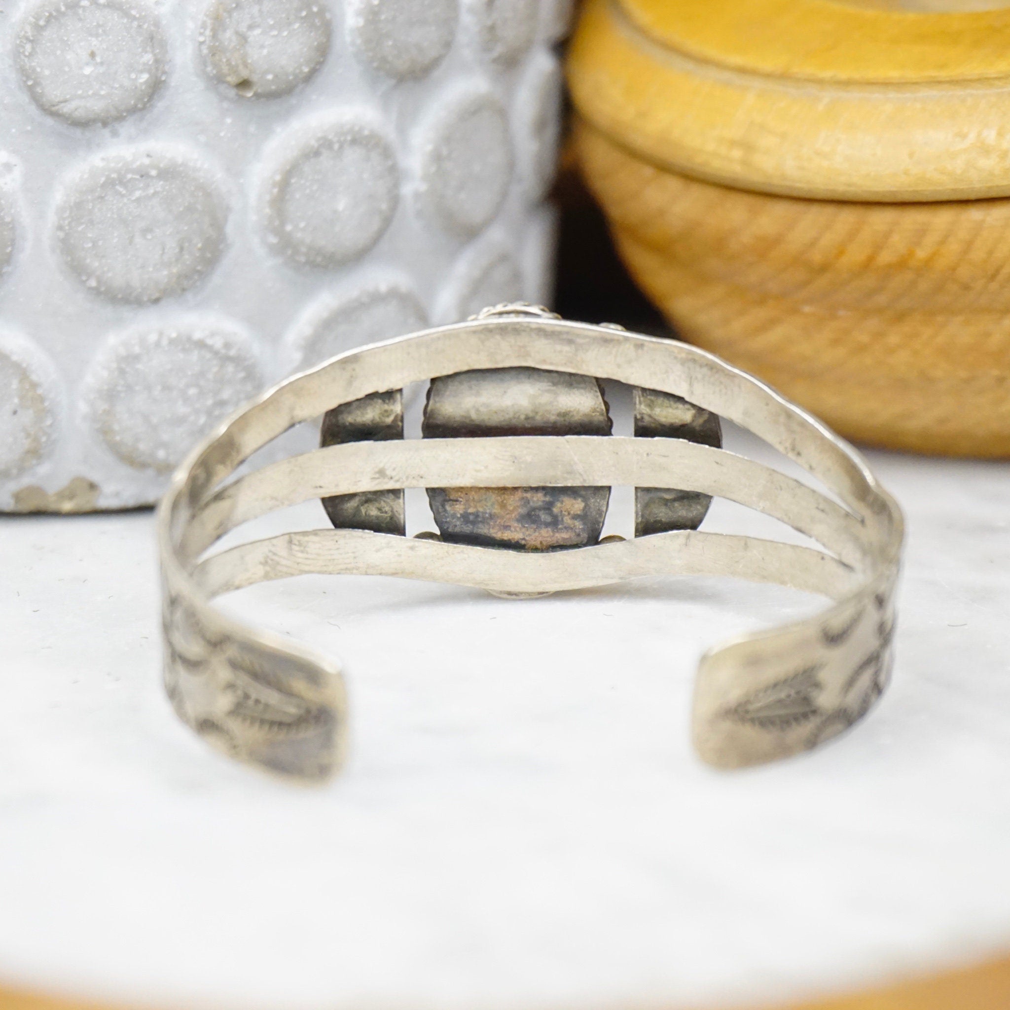 Vintage Native American Coin Silver Turquoise Cuff Bracelet, Handmade Silver Cuff With Intricate Design, Natural Turquoise, Old Pawn Jewelry