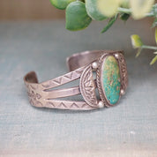 Vintage Native American Coin Silver Turquoise Cuff Bracelet, Handmade Silver Cuff With Intricate Design, Natural Turquoise, Old Pawn Jewelry