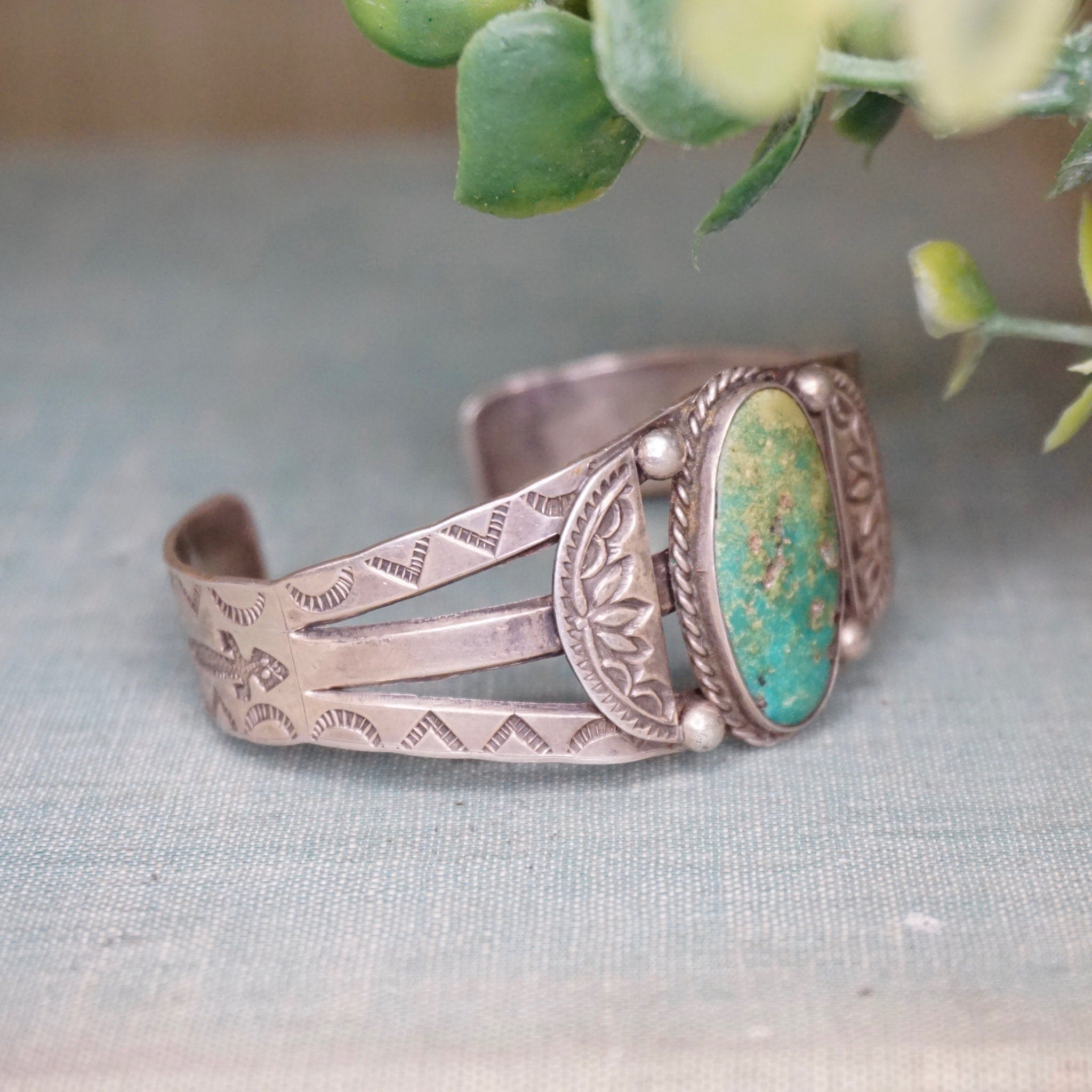 Vintage Native American Coin Silver Turquoise Cuff Bracelet, Handmade Silver Cuff With Intricate Design, Natural Turquoise, Old Pawn Jewelry