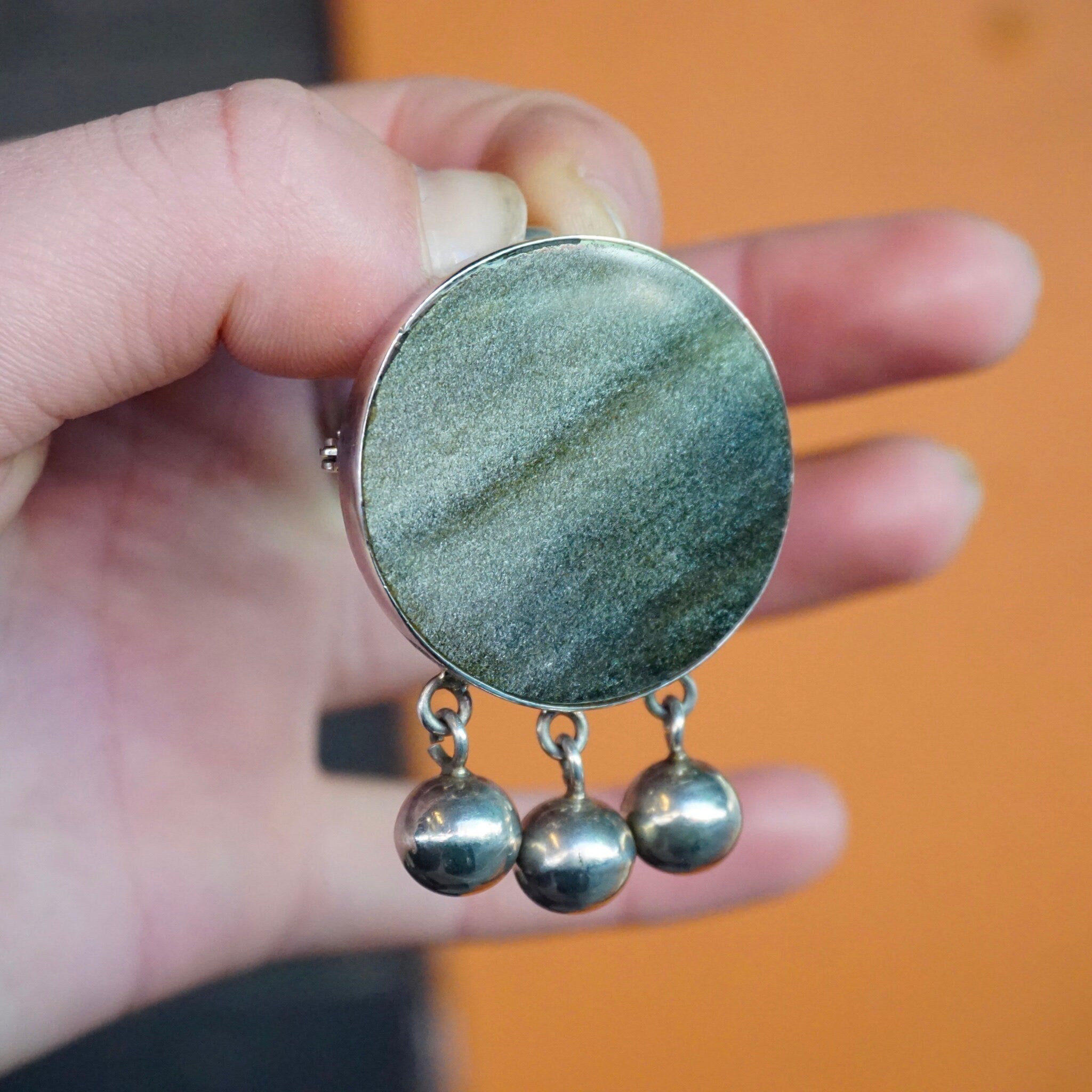 Vintage TAXCO Sterling Silver Brooch/Pendant, Unique Silver Pendant With Iridescent Black Stone, Round Stone Brooch With Silver Beads, 925