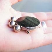 Vintage TAXCO Sterling Silver Brooch/Pendant, Unique Silver Pendant With Iridescent Black Stone, Round Stone Brooch With Silver Beads, 925