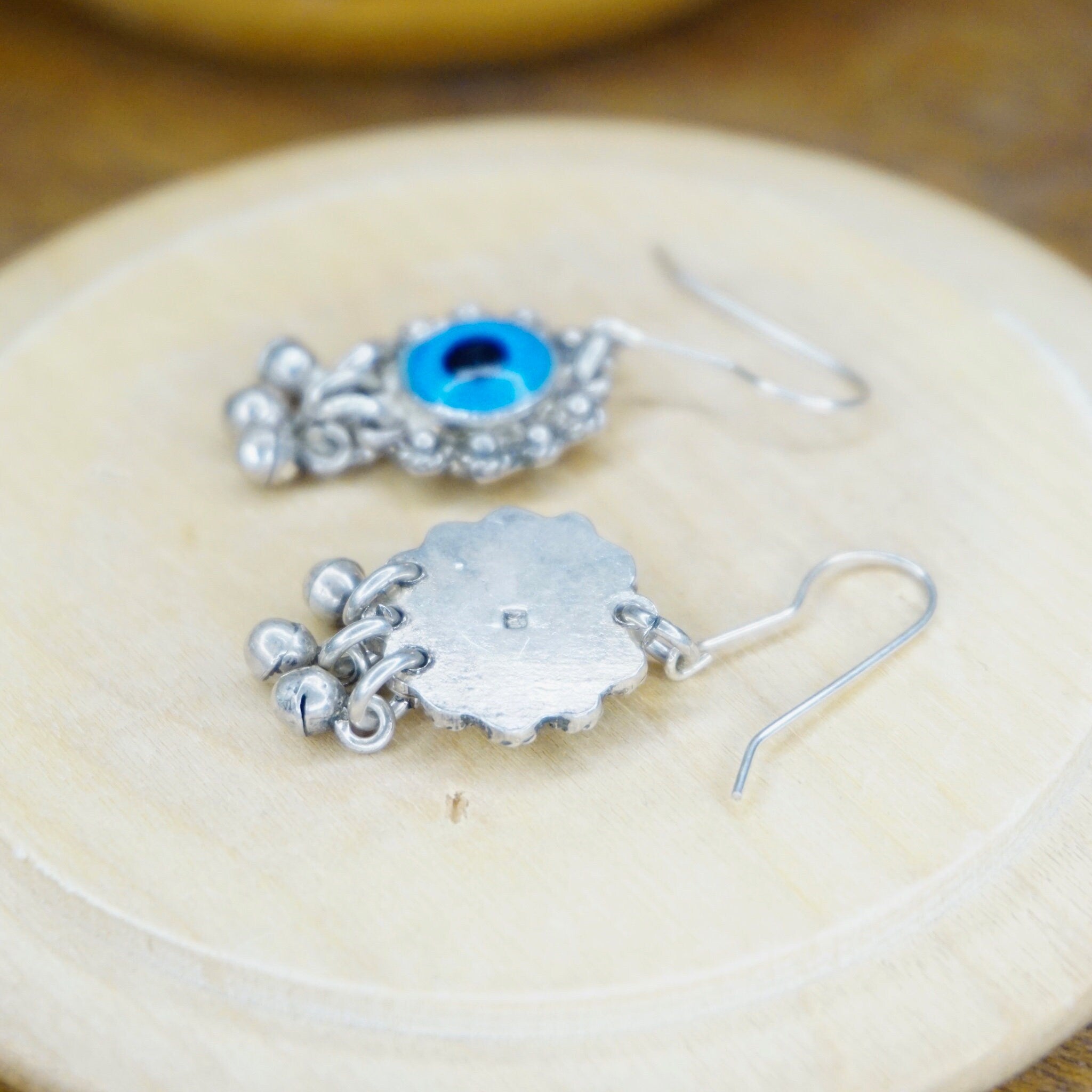 Vintage Evil Eye Dangle Earrings, Unique Silver & Glass Fish Hook Earrings, Evil Eye Earrings With Silver Tassels, Talisman Jewelry