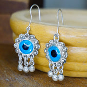 Vintage Evil Eye Dangle Earrings, Unique Silver & Glass Fish Hook Earrings, Evil Eye Earrings With Silver Tassels, Talisman Jewelry