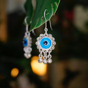 Vintage Evil Eye Dangle Earrings, Unique Silver & Glass Fish Hook Earrings, Evil Eye Earrings With Silver Tassels, Talisman Jewelry