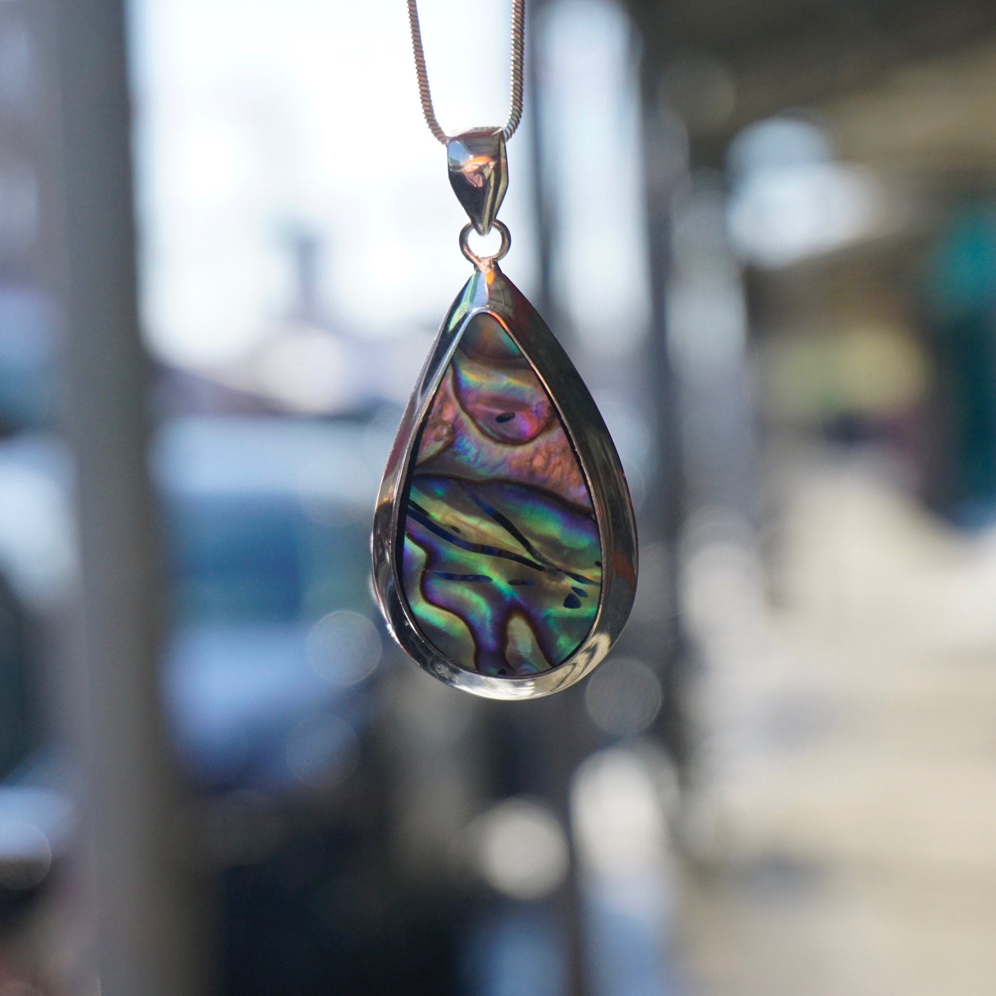 Vintage Abalone Sterling Silver Pendant Necklace, Beautiful Silver & Shell Tear Drop Pendant, Iridescent Abalone Pendant Necklace, 925