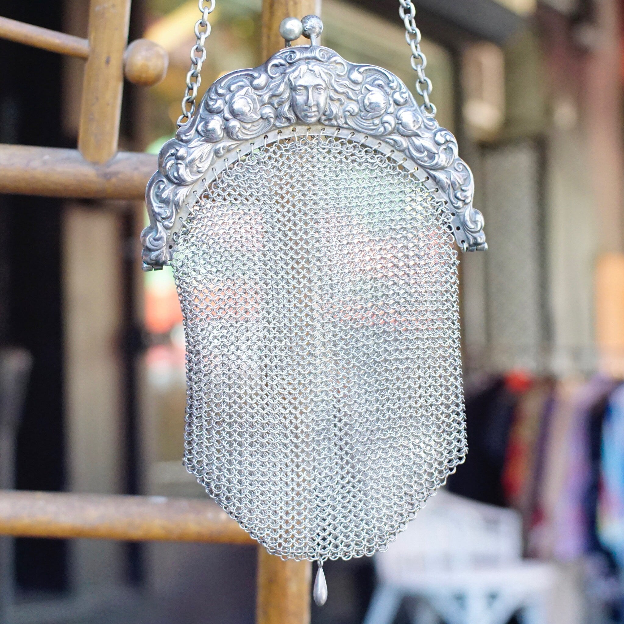 Antique Art Nouveau Sterling Silver Chain Mail Purse, Vintage Silver Mesh Coin Purse With Embossed Face On Frame, In Amazing Condition, 925