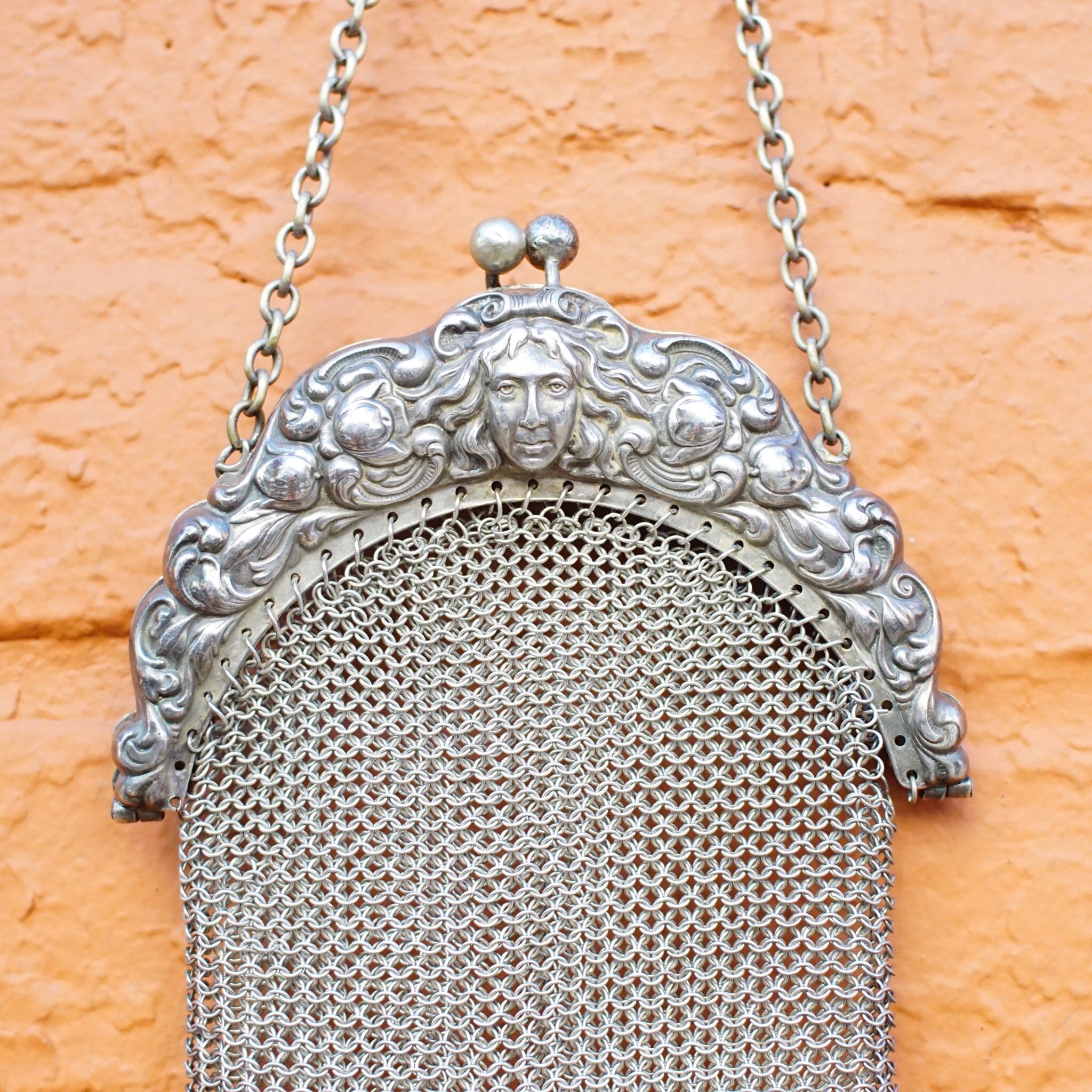 Antique Art Nouveau Sterling Silver Chain Mail Purse, Vintage Silver Mesh Coin Purse With Embossed Face On Frame, In Amazing Condition, 925