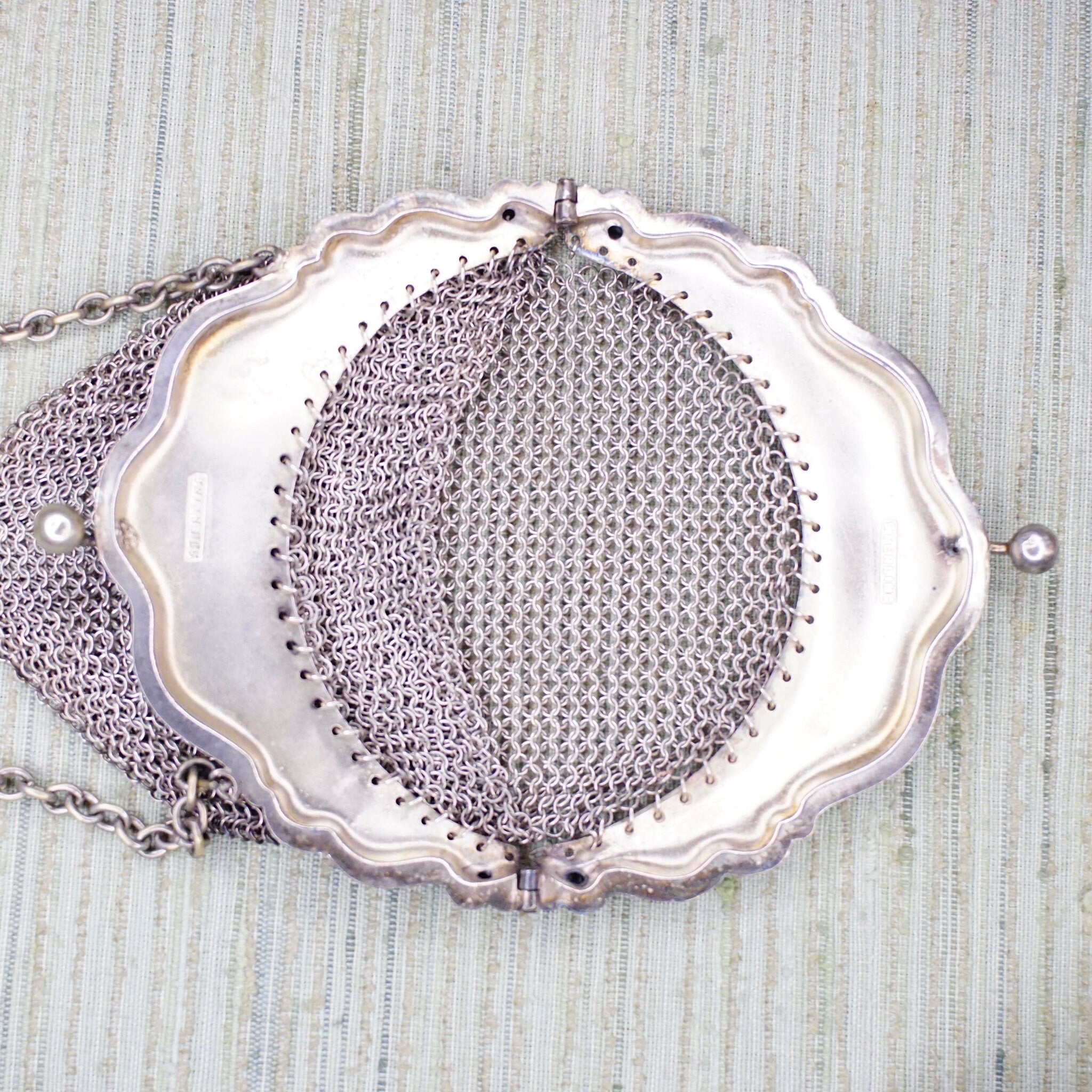 Antique Art Nouveau Sterling Silver Chain Mail Purse, Vintage Silver Mesh Coin Purse With Embossed Face On Frame, In Amazing Condition, 925