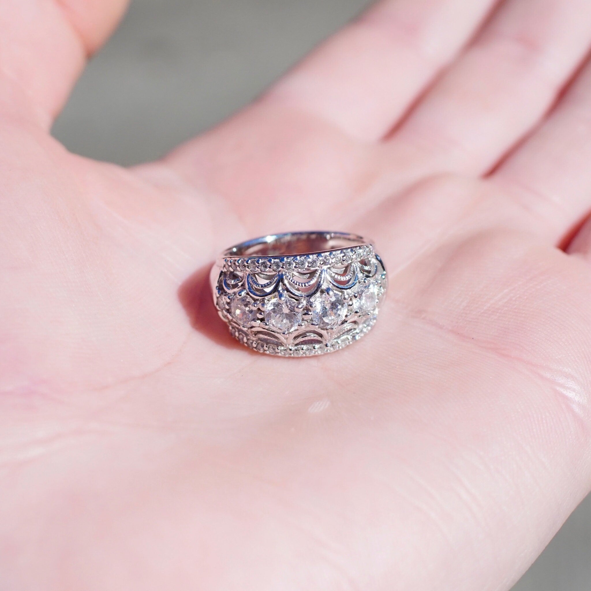 Vintage Tacori IV Sterling Silver & Cubic Zirconium Dome Ring, Silver Filigree Ring With Clear CZ Diamonds, 925 Jewelry, Size 6 1/2 US