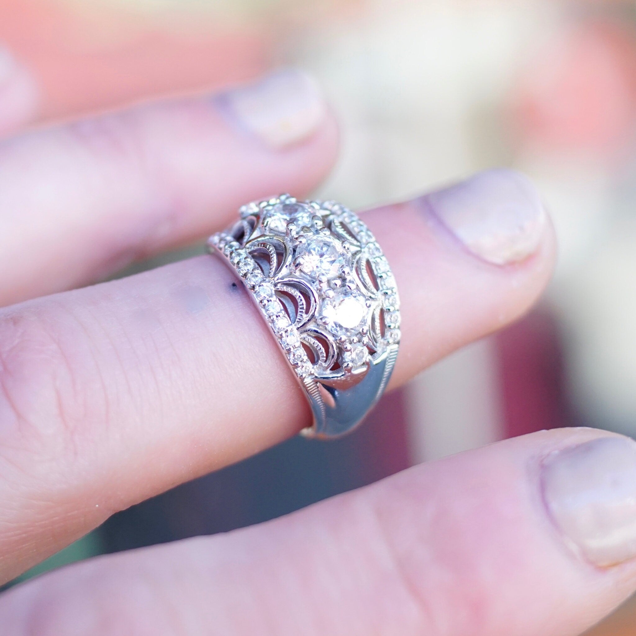 Vintage Tacori IV Sterling Silver & Cubic Zirconium Dome Ring, Silver Filigree Ring With Clear CZ Diamonds, 925 Jewelry, Size 6 1/2 US