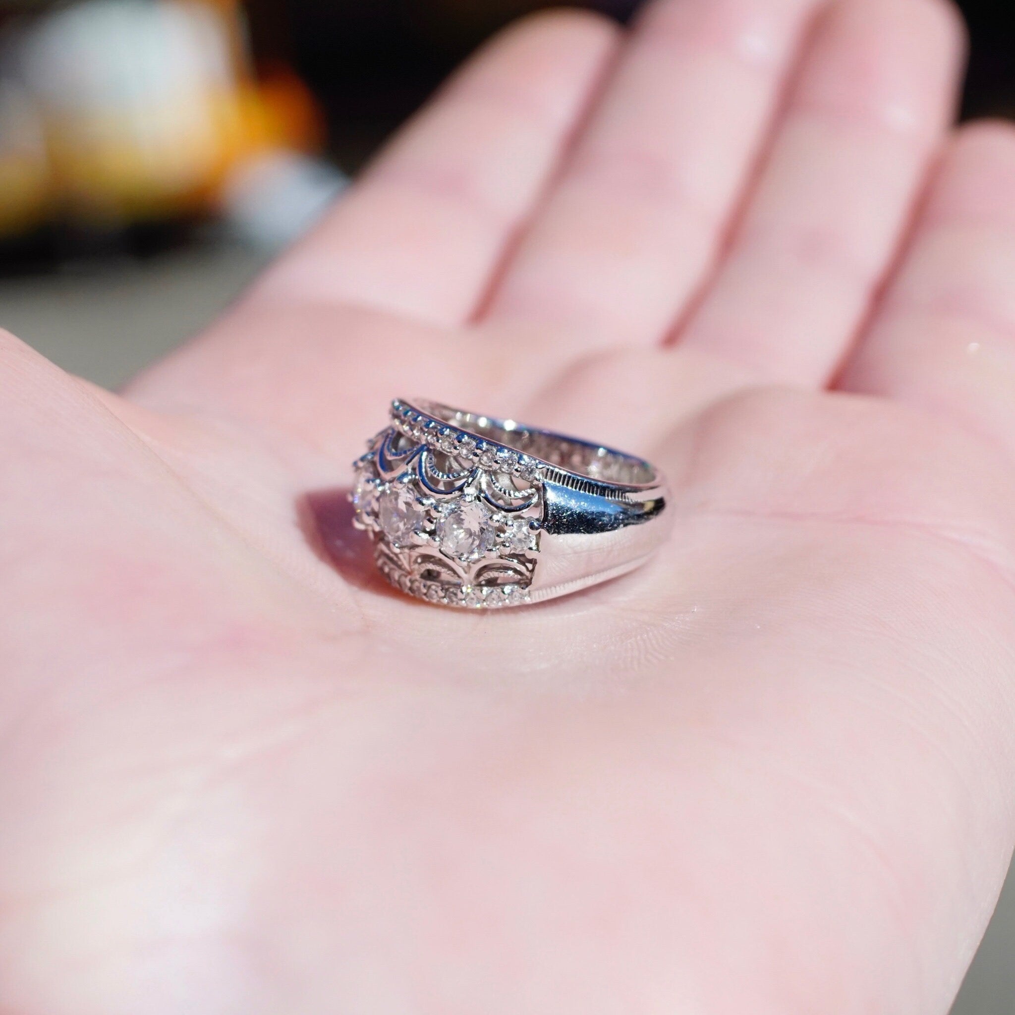 Vintage Tacori IV Sterling Silver & Cubic Zirconium Dome Ring, Silver Filigree Ring With Clear CZ Diamonds, 925 Jewelry, Size 6 1/2 US