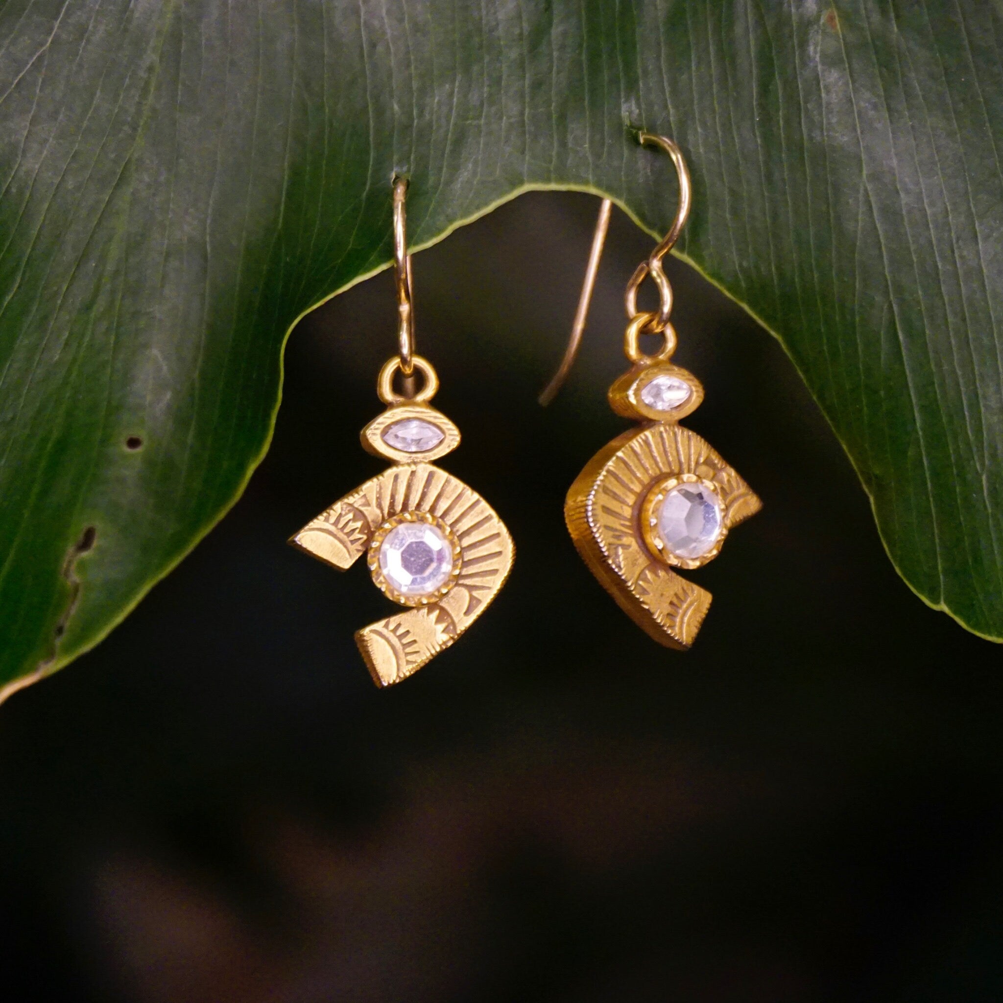 Vintage Patricia Locke Gold Tone Swarovski Crystal Dangle Earrings, Gold Horseshoe Earrings With Etched Details, Signed Jewelry