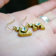 Vintage Patricia Locke Gold Tone Swarovski Crystal Dangle Earrings, Gold Horseshoe Earrings With Etched Details, Signed Jewelry