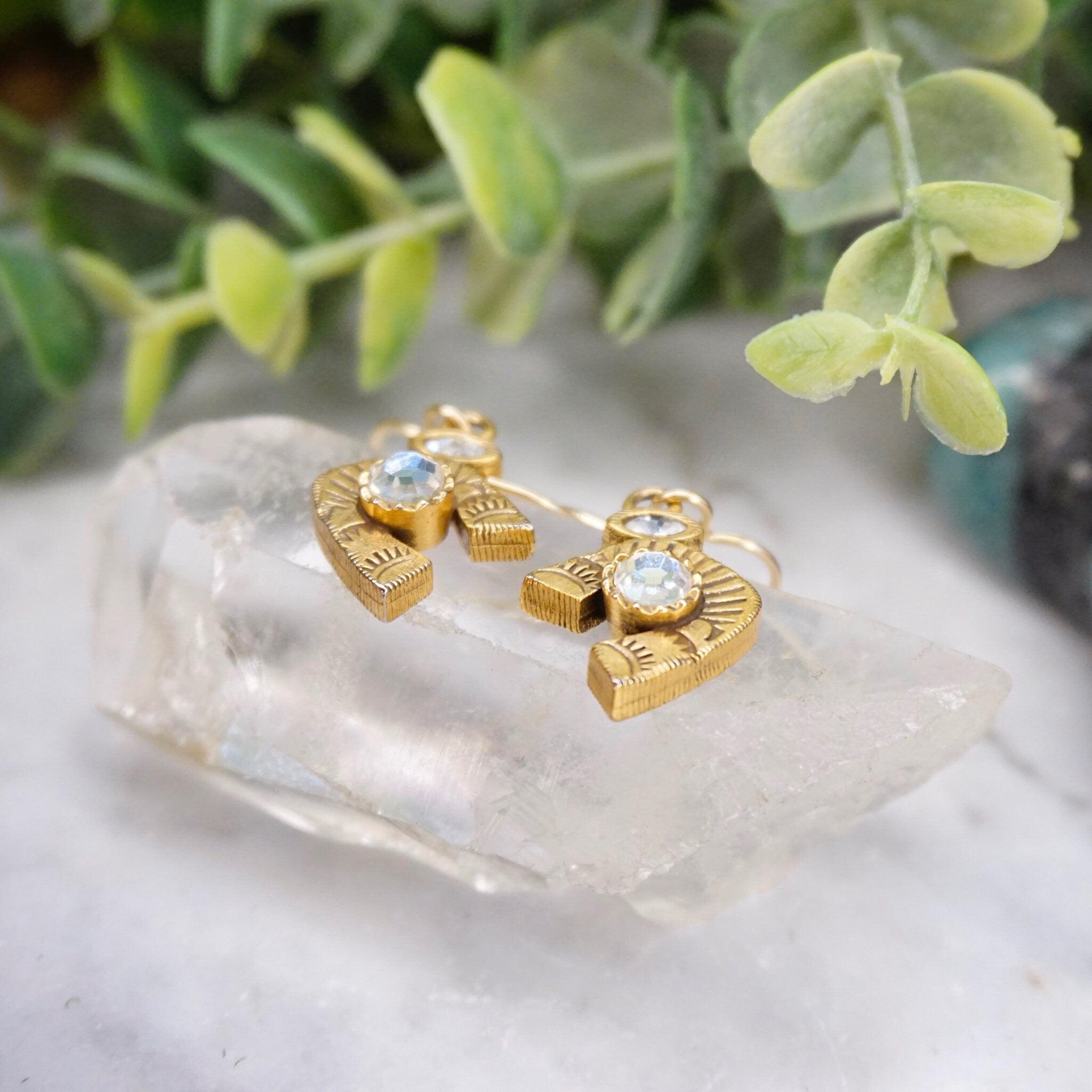 Vintage Patricia Locke Gold Tone Swarovski Crystal Dangle Earrings, Gold Horseshoe Earrings With Etched Details, Signed Jewelry