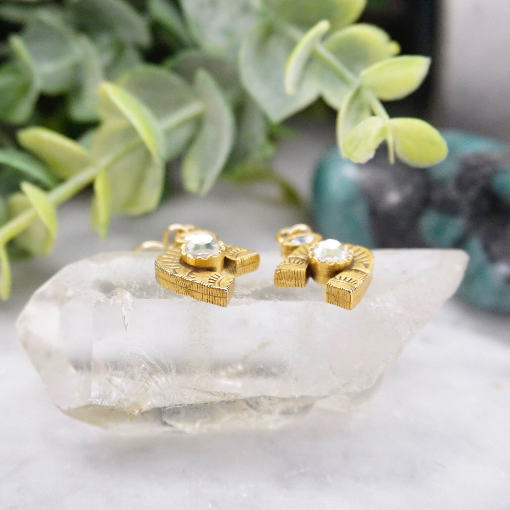 Vintage Patricia Locke Gold Tone Swarovski Crystal Dangle Earrings, Gold Horseshoe Earrings With Etched Details, Signed Jewelry