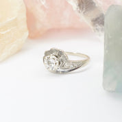 Vintage 14K White Gold & Diamond Ring, Mid Century Diamond Swirl Engagement Ring, Petite White Gold Scallop Halo Diamond Ring, Size 6 1/4 US