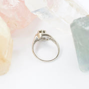 Vintage 14K White Gold & Diamond Ring, Mid Century Diamond Swirl Engagement Ring, Petite White Gold Scallop Halo Diamond Ring, Size 6 1/4 US