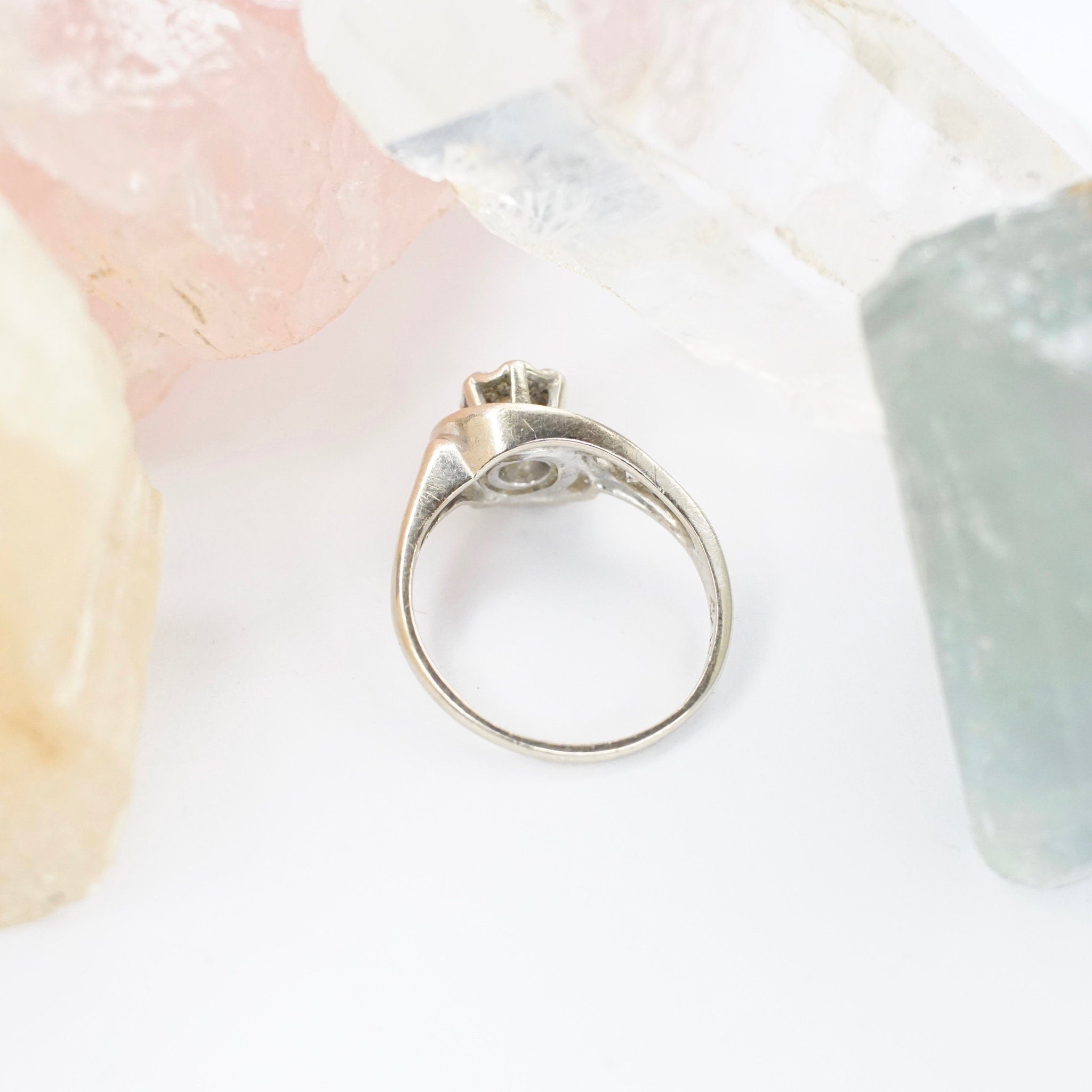 Vintage 14K White Gold & Diamond Ring, Mid Century Diamond Swirl Engagement Ring, Petite White Gold Scallop Halo Diamond Ring, Size 6 1/4 US