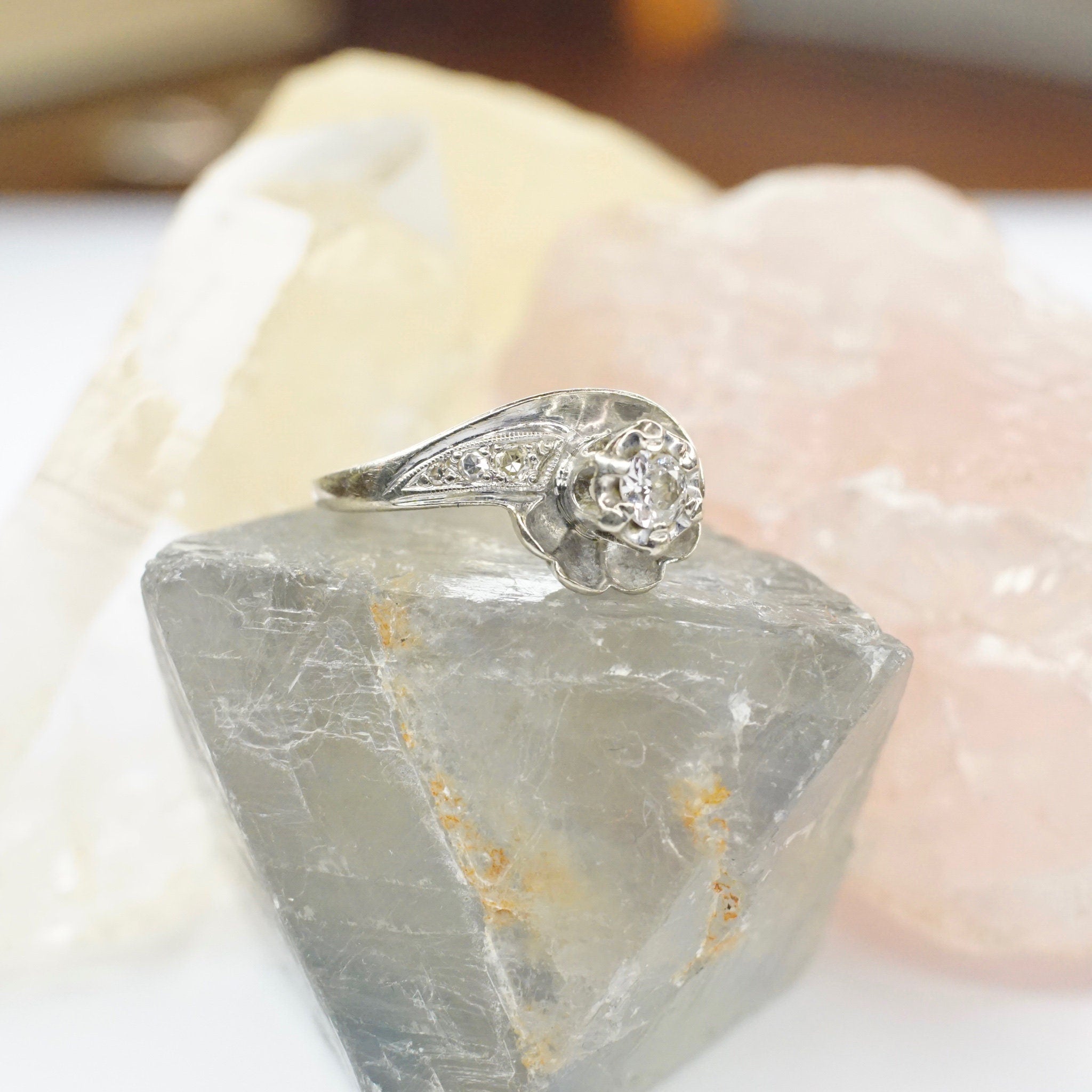 Vintage 14K White Gold & Diamond Ring, Mid Century Diamond Swirl Engagement Ring, Petite White Gold Scallop Halo Diamond Ring, Size 6 1/4 US