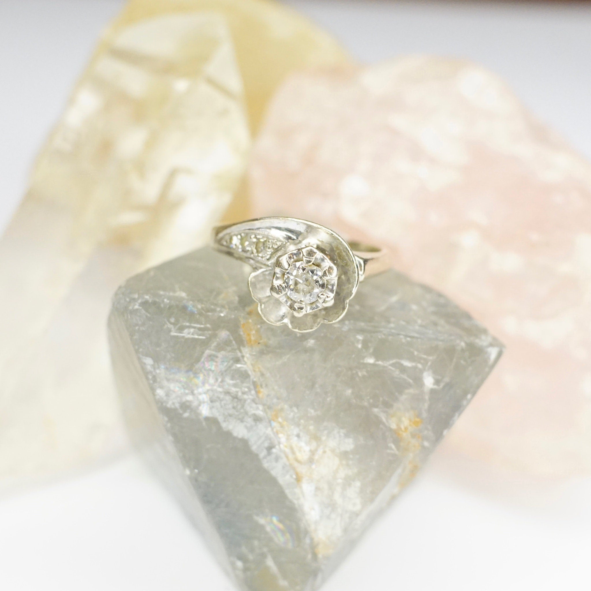 Vintage 14K White Gold & Diamond Ring, Mid Century Diamond Swirl Engagement Ring, Petite White Gold Scallop Halo Diamond Ring, Size 6 1/4 US