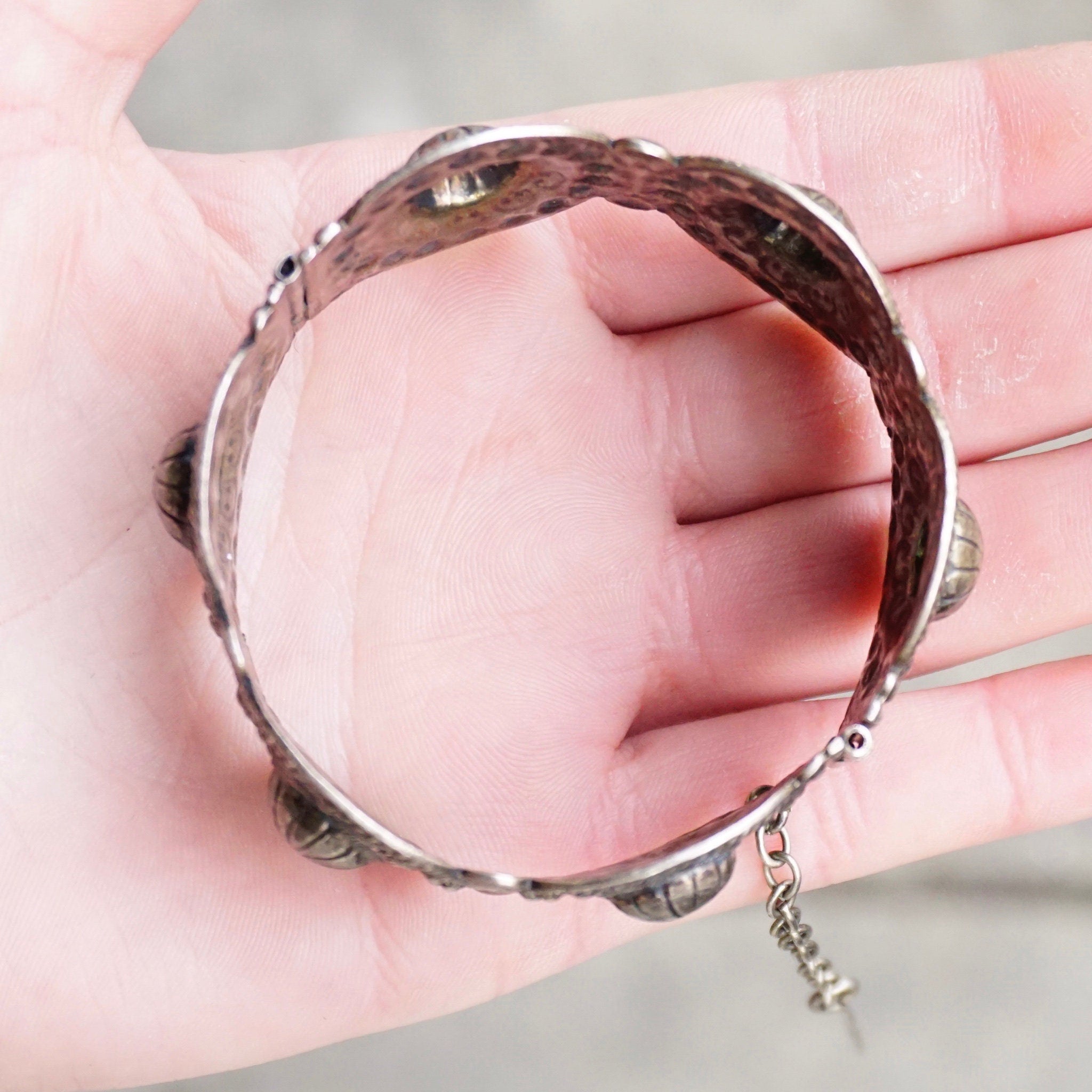 Vintage Silver Medallion Bangle Bracelet, Hinged Silver Bracelet With Intricate Hammered Details, Ornate Silver Bracelet With Pin Closure