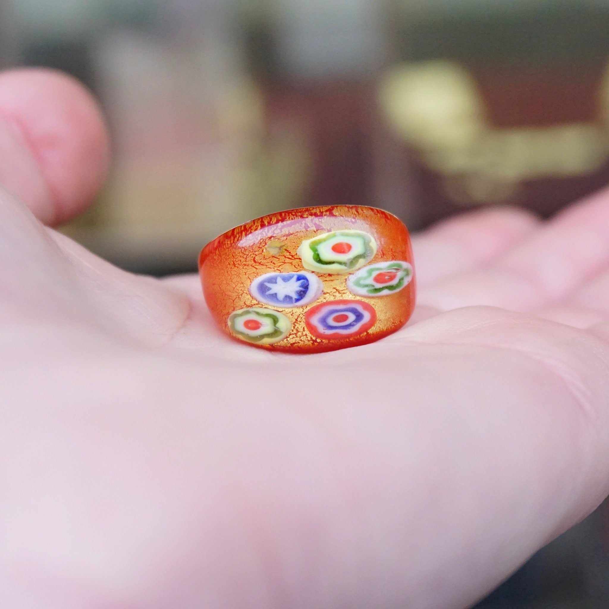 Vintage Murano Millefiori Glass Art Ring, Beautiful Red Glass Bubble Ring, Venetian Glass Ring With Gold Textures, Size 8 US Ring