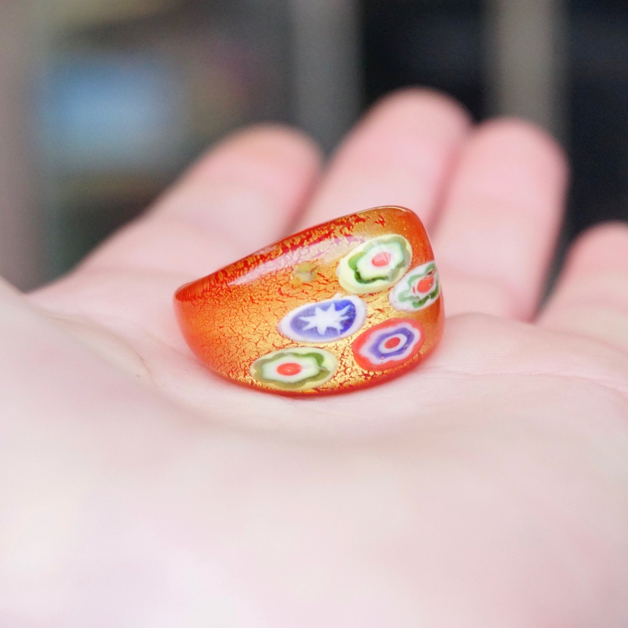 Vintage Murano Millefiori Glass Art Ring, Beautiful Red Glass Bubble Ring, Venetian Glass Ring With Gold Textures, Size 8 US Ring