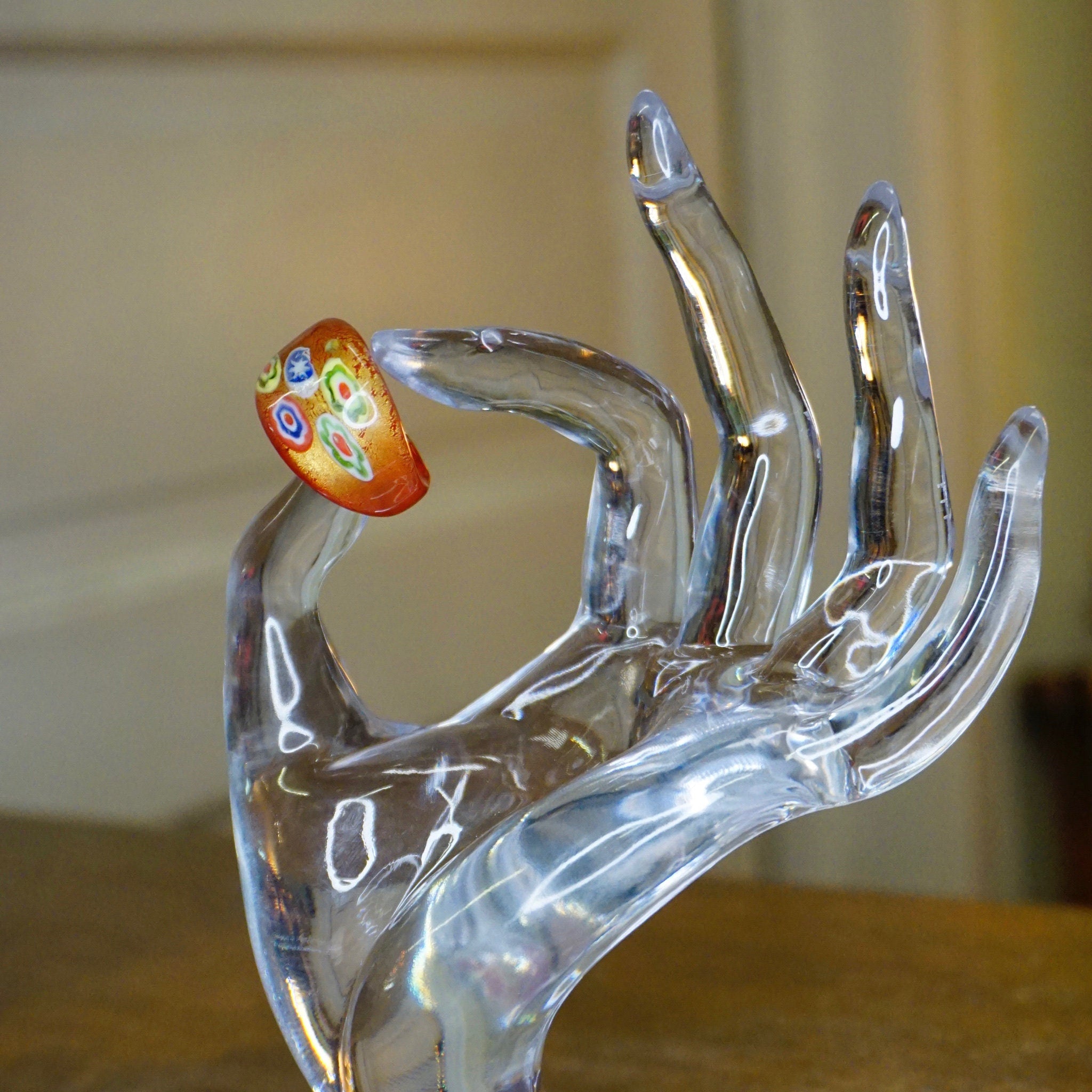Vintage Murano Millefiori Glass Art Ring, Beautiful Red Glass Bubble Ring, Venetian Glass Ring With Gold Textures, Size 8 US Ring