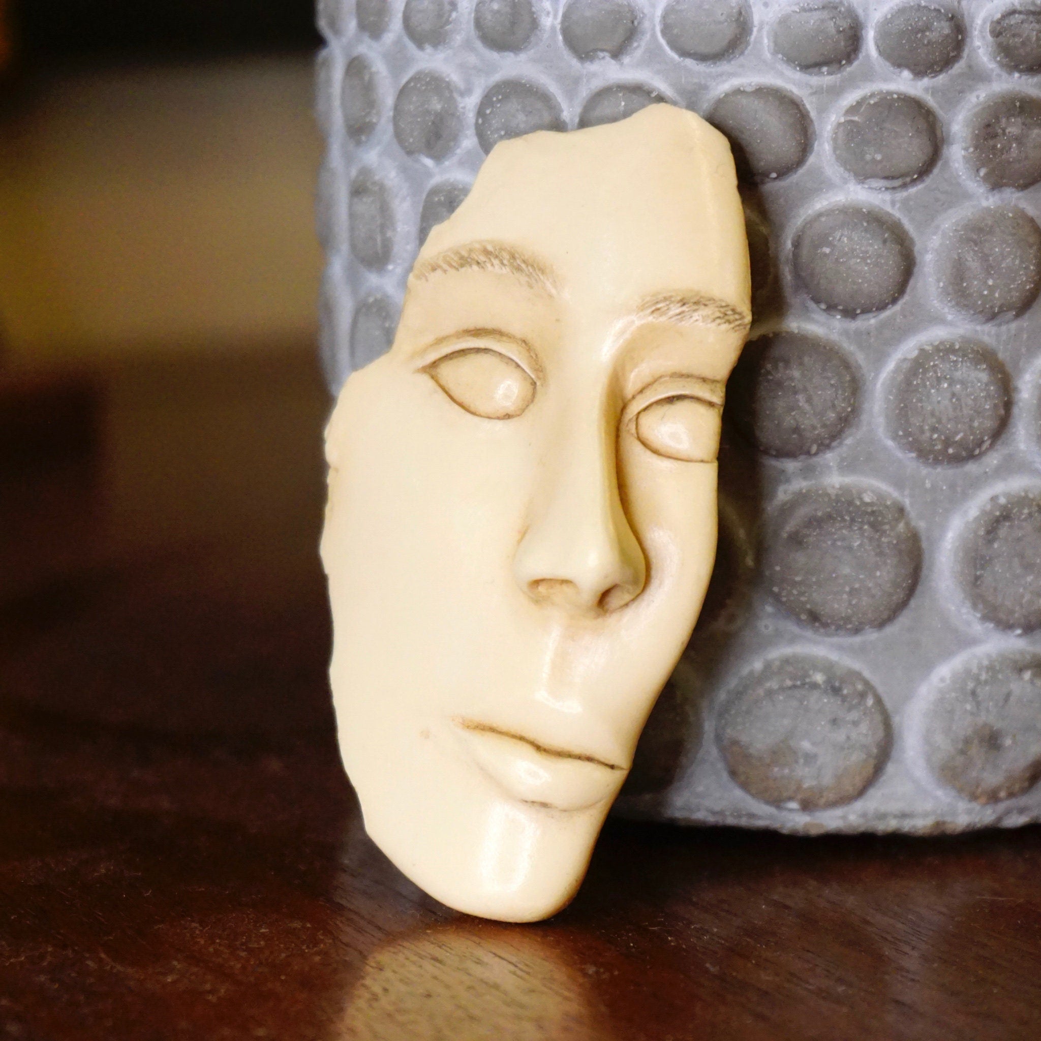 Vintage Artisan Woman Face Brooch, Signed Hessel '89, Fragmented Face Pin, Unique White Ceramic Face Brooch, Hand Carved Face Pin