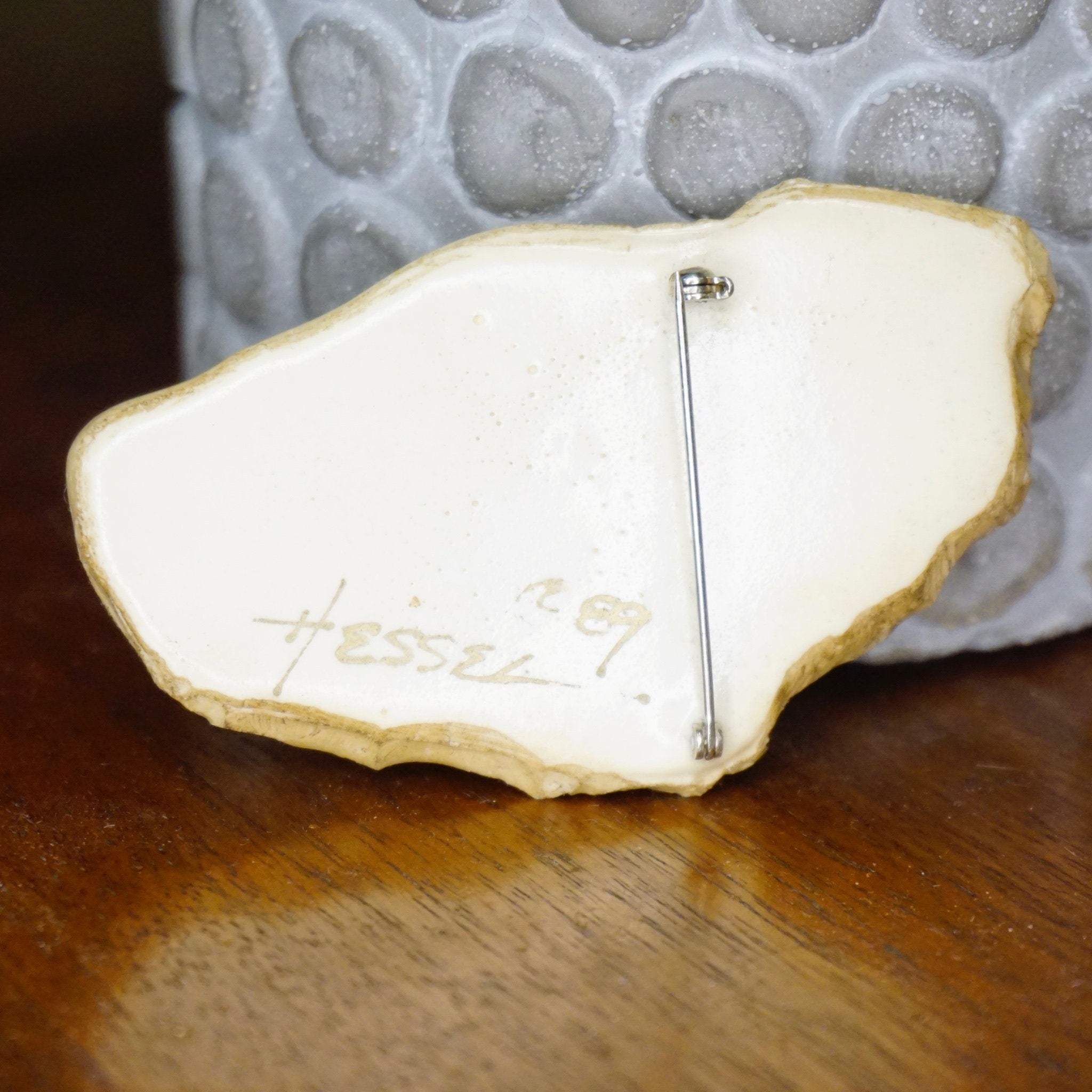 Vintage Artisan Woman Face Brooch, Signed Hessel '89, Fragmented Face Pin, Unique White Ceramic Face Brooch, Hand Carved Face Pin