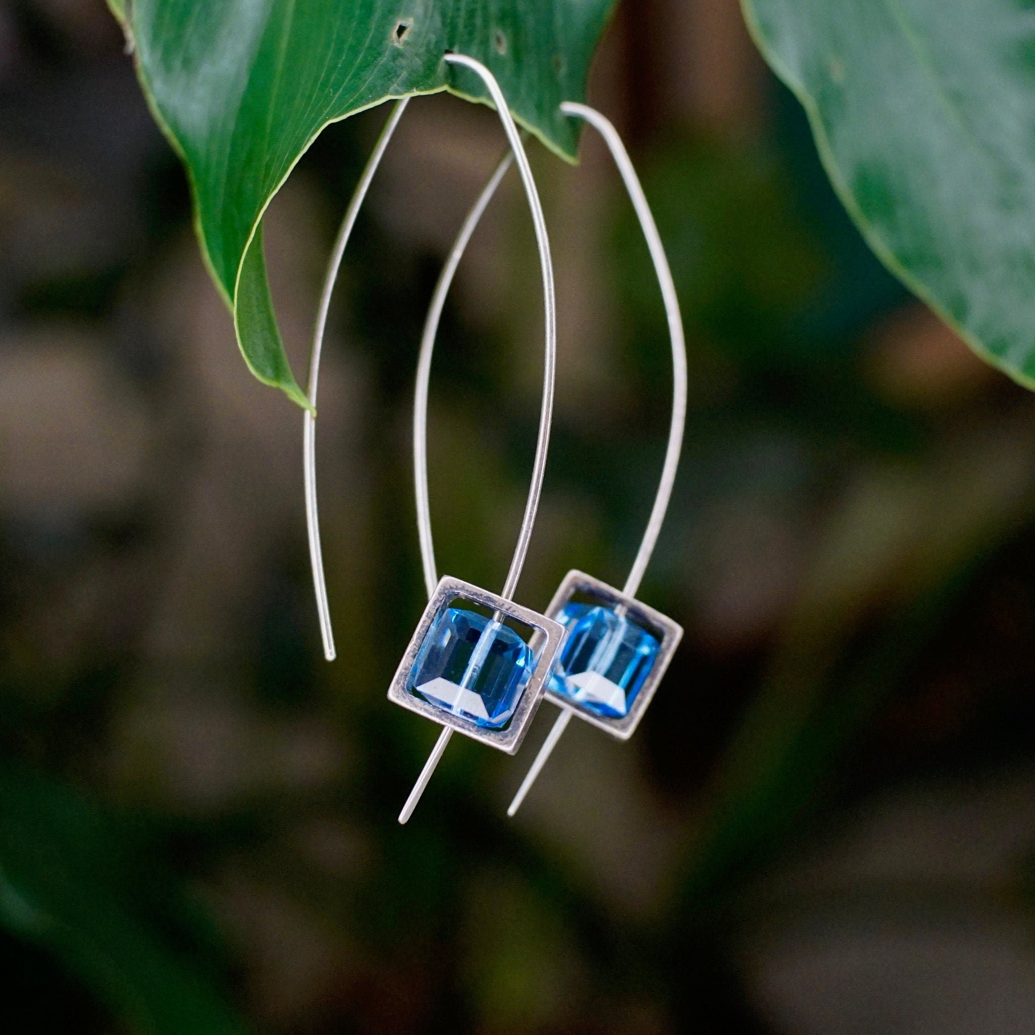 Vintage Sterling Silver Marquise Hook Earrings, Beautiful Silver Earrings With Framed Blue Glass, Minimalist Silver & Glass Earrings, 925