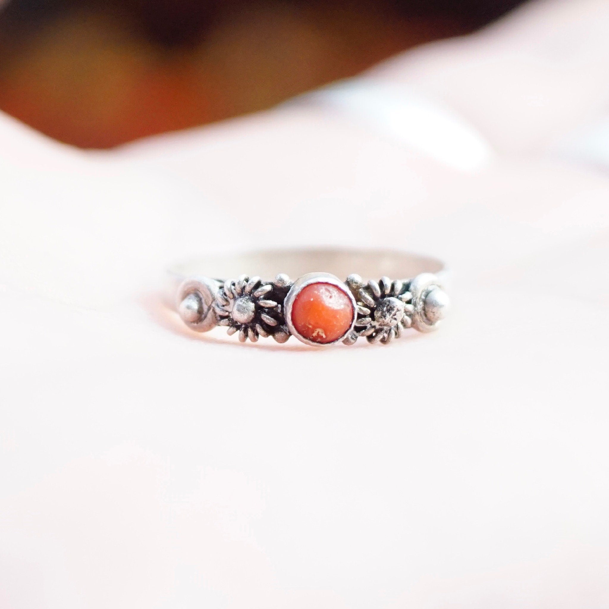 Vintage Silver & Coral Ring, Handmade Coral Ring With Small Silver Details, Petite Silver Ring With Small Coral Stone, Stackable, Size 8 US