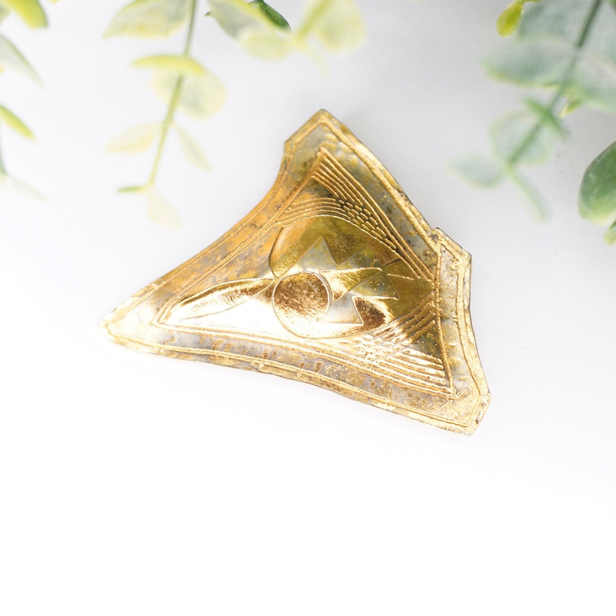 Vintage Abstract Gold Tone Brooch, Brushed Silver & Gold Tone Pin With Embossed Designs, Unique Two-Tone Brooch, Costume Jewelry