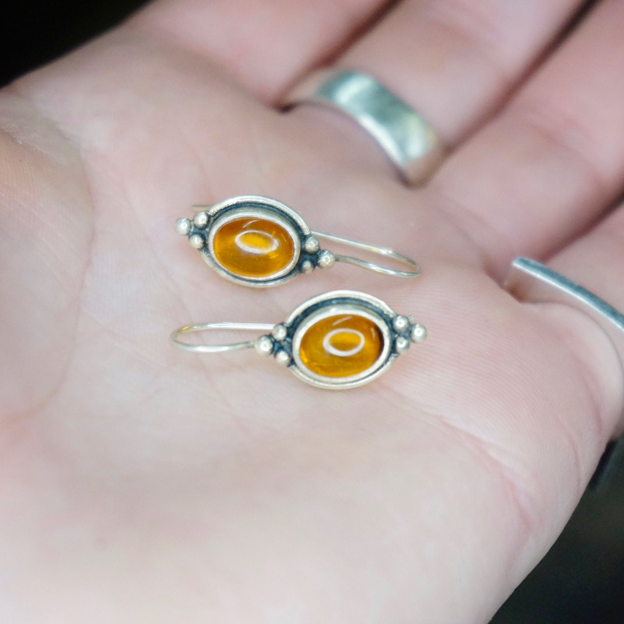 Vintage Amber Sterling Silver Drop Earrings, Small Fish Hook Earrings With Natural Amber, Beautiful Amber Earrings With Silver Details, 925