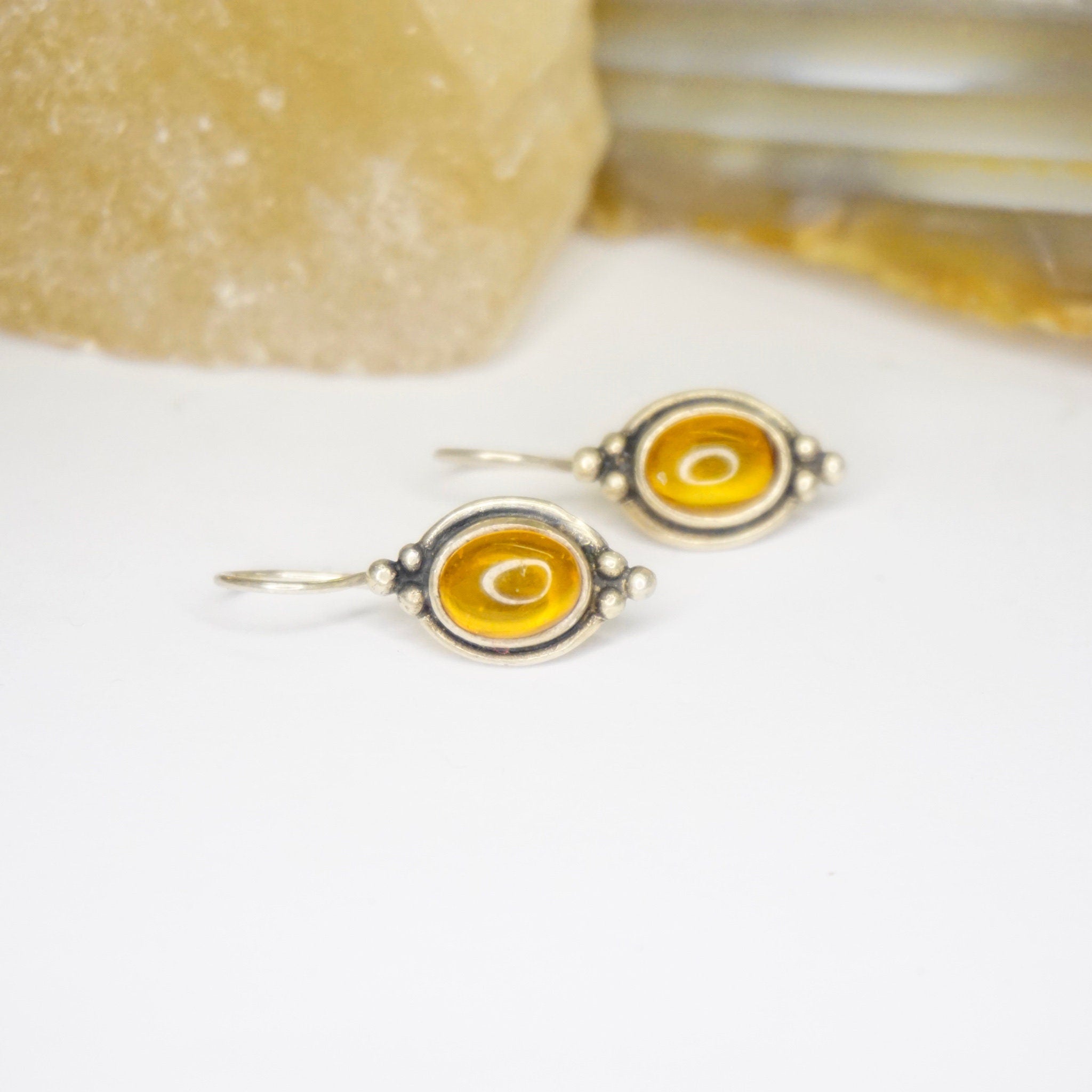Vintage Amber Sterling Silver Drop Earrings, Small Fish Hook Earrings With Natural Amber, Beautiful Amber Earrings With Silver Details, 925