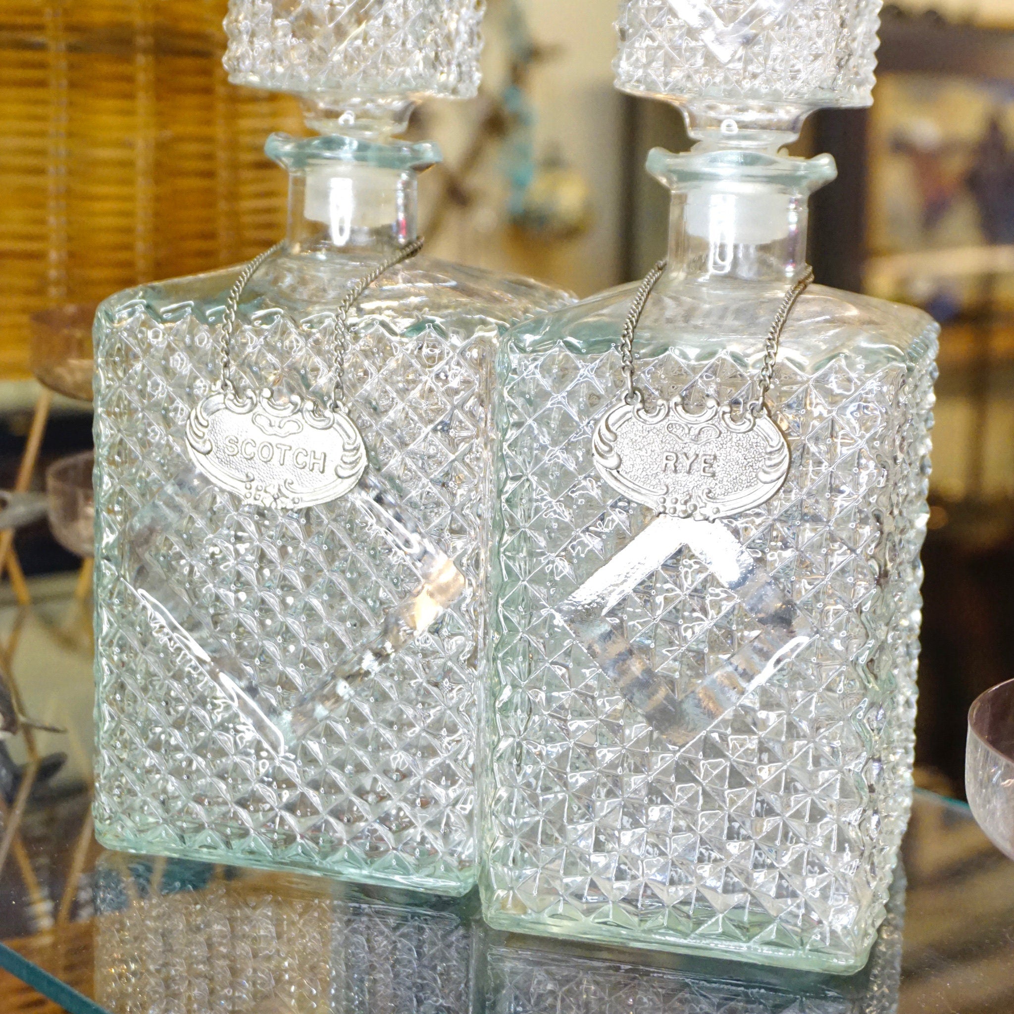 Vintage Diamond Cut Glass Decanter Set, Beautiful Glass Decanters With Silver Chain Labels, Scotch and Rye, Frosted Glass Decanters