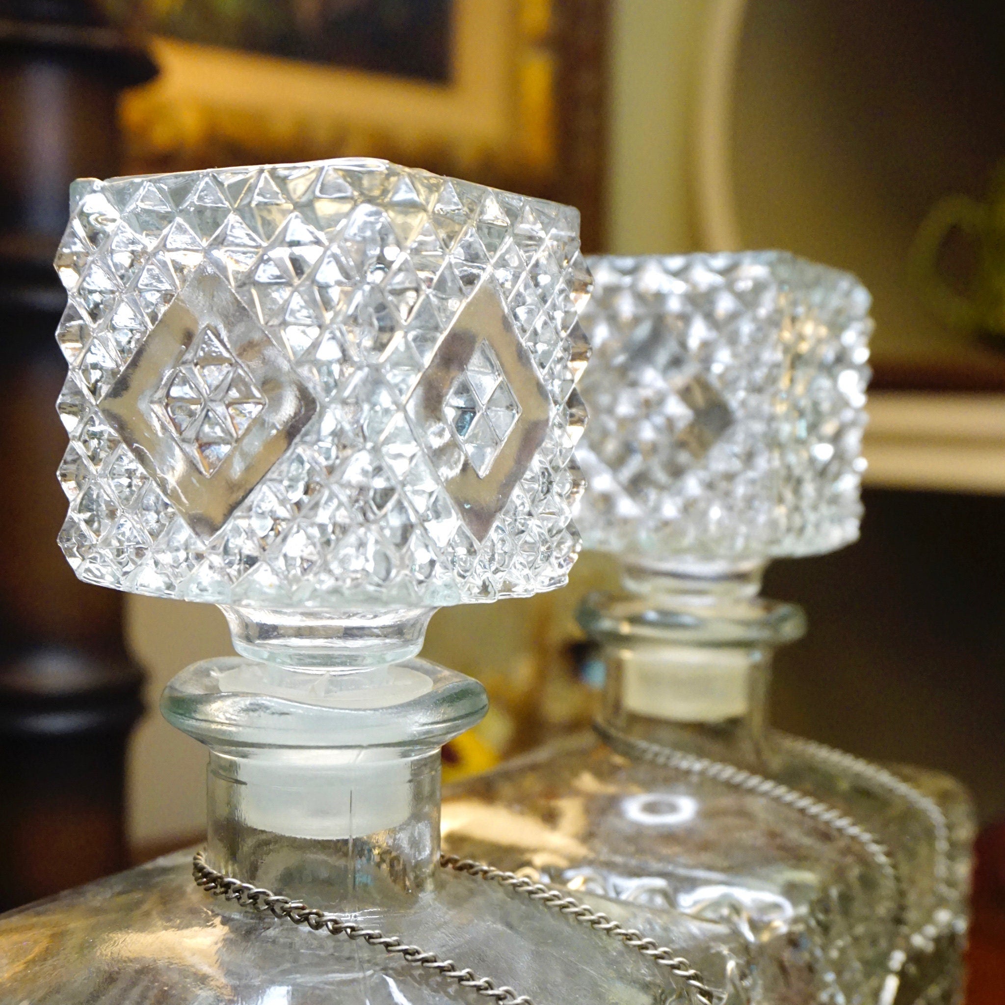 Vintage Diamond Cut Glass Decanter Set, Beautiful Glass Decanters With Silver Chain Labels, Scotch and Rye, Frosted Glass Decanters
