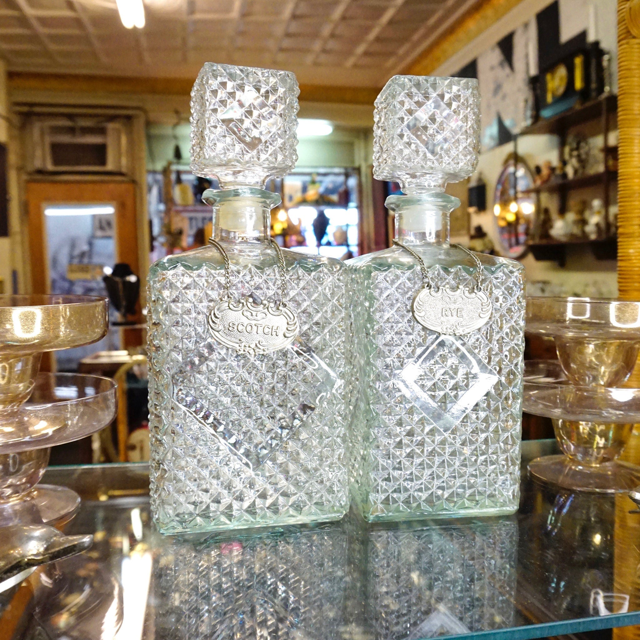 Vintage Diamond Cut Glass Decanter Set, Beautiful Glass Decanters With Silver Chain Labels, Scotch and Rye, Frosted Glass Decanters